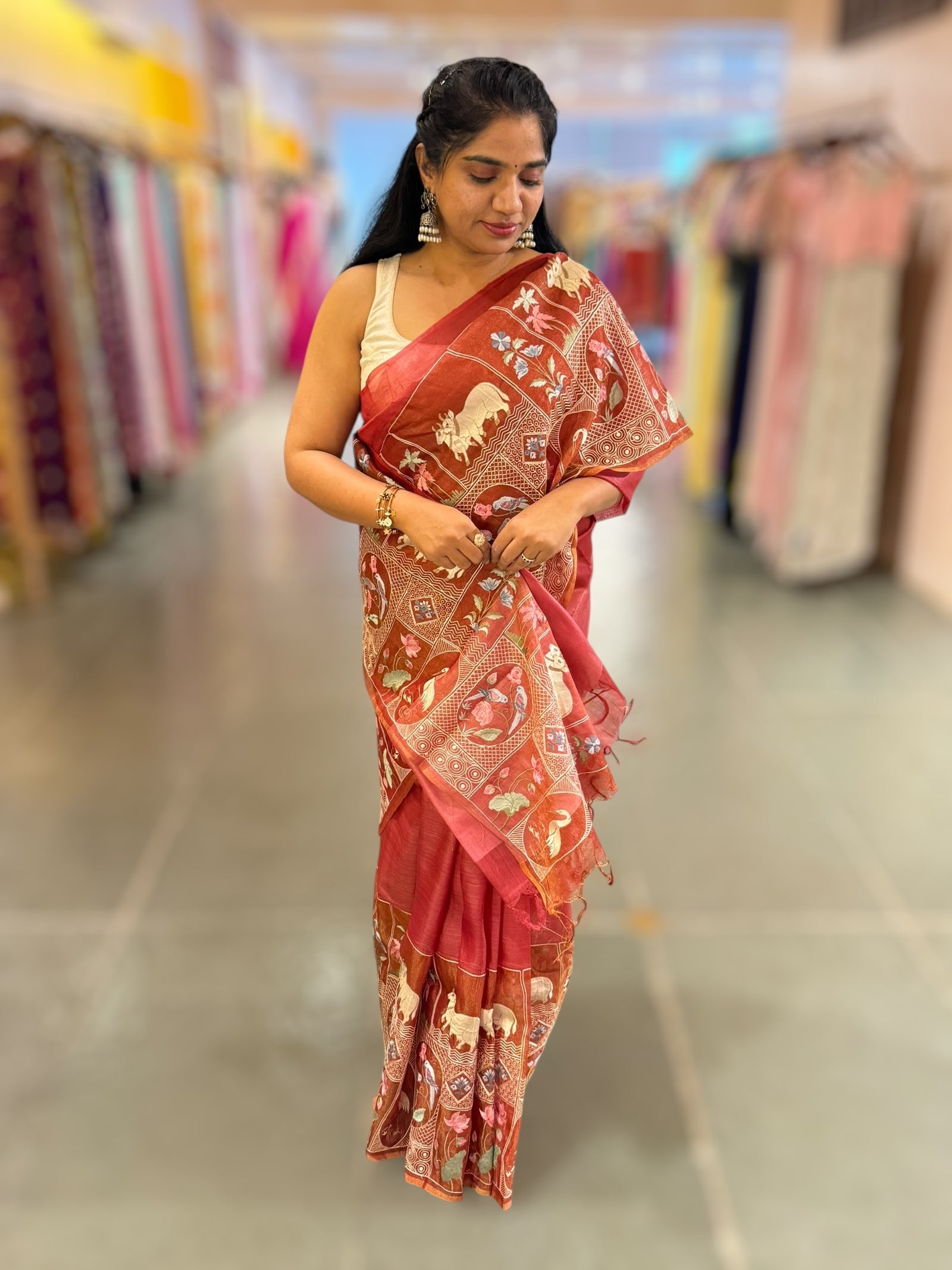 Rust Red/ Brick Red Kora-Tussar blend Handloom Saree with Tissue embroidered Skirt Border