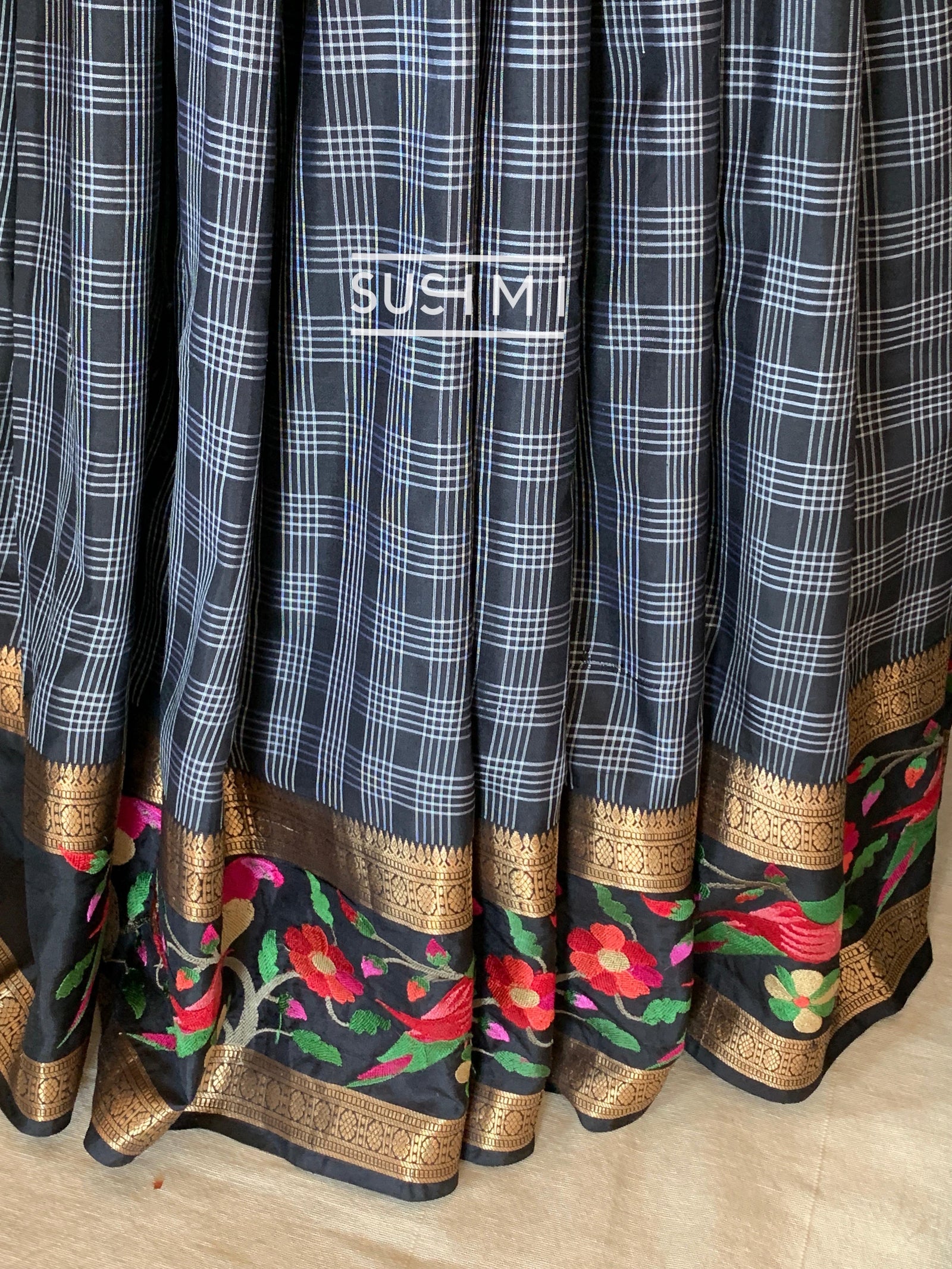 Black Vintage checks Kanjeevaram soft silk saree with embroidery D62F042