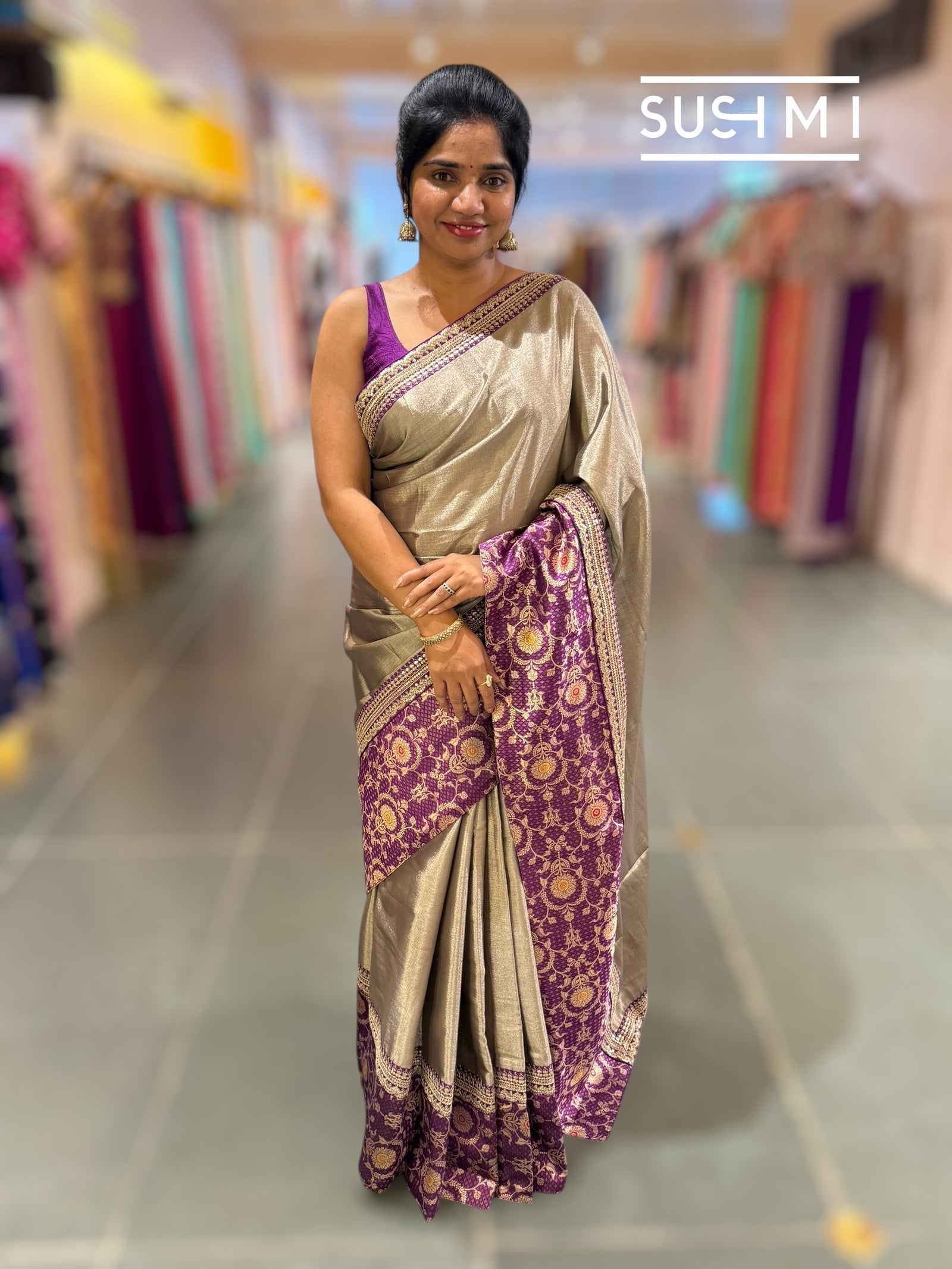 Greyish Silver tissue saree with banarasi and sabhyasachi borders : S62121