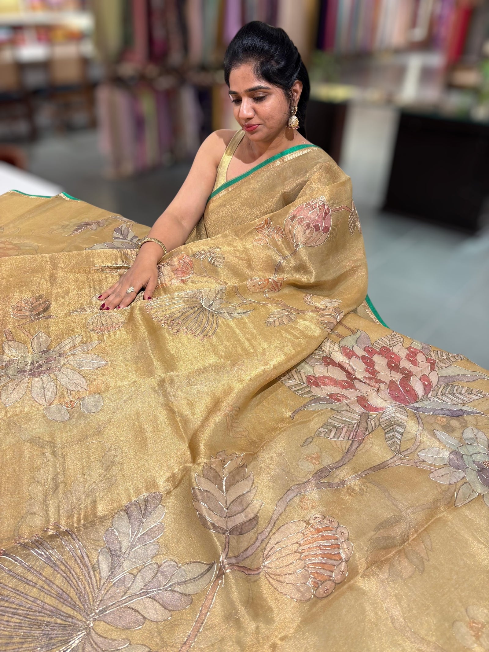 Gold Printed Banarasi Tissue with Handwork