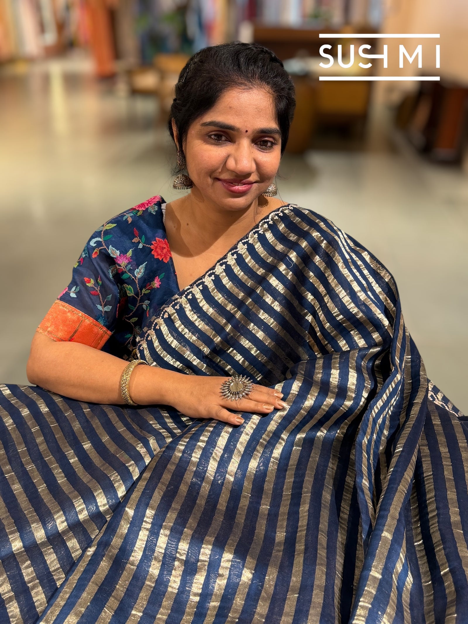 Midnight blue Mul tissue stripes saree with fusion blouse : D62134