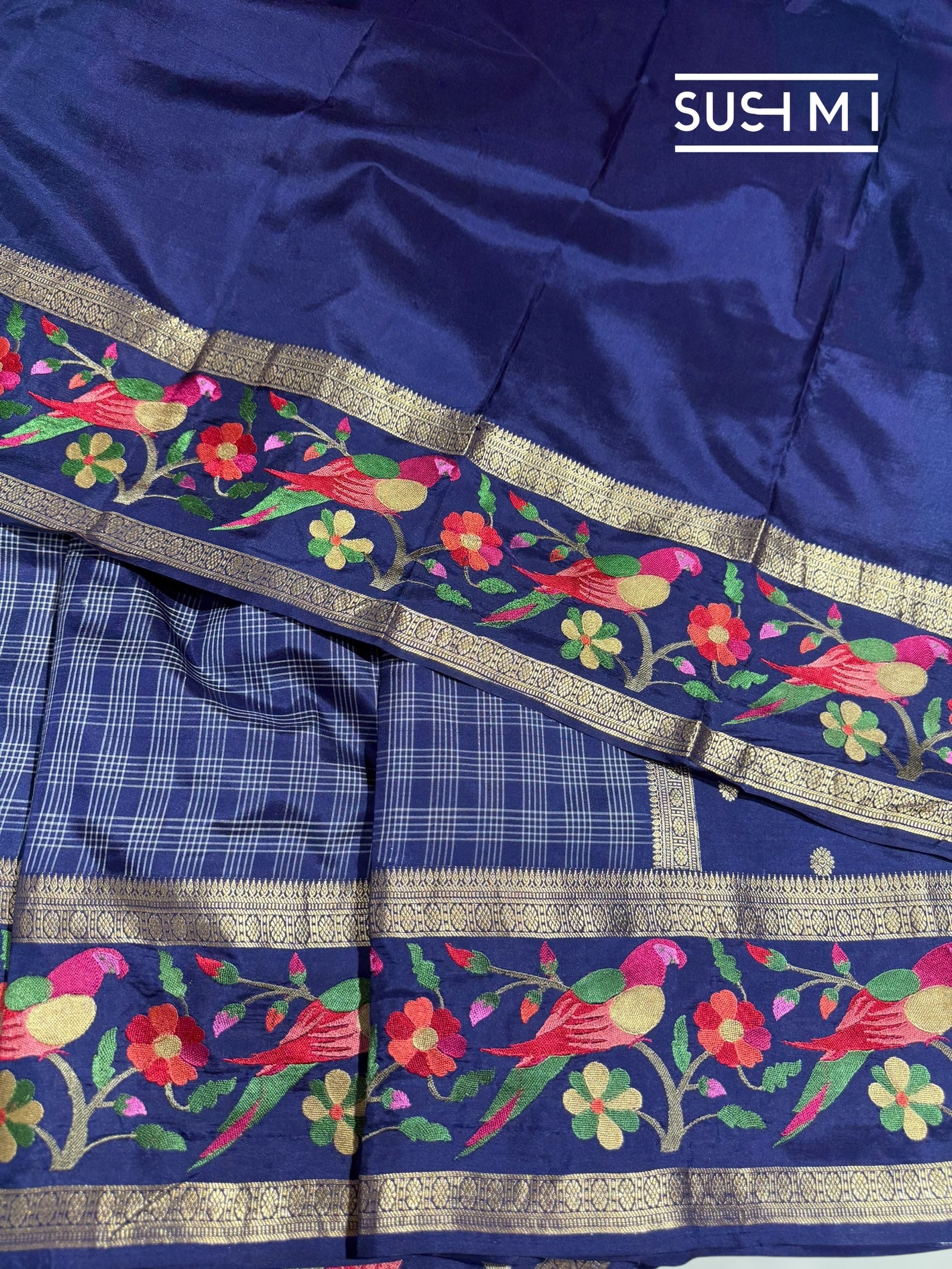 Midnight Blue Vintage checks Kanjeevaram soft silk saree with embroidery D62F040