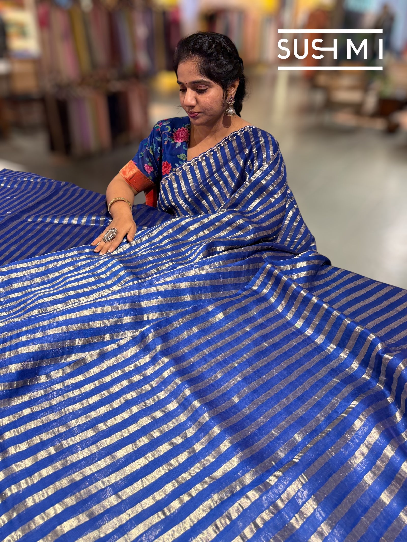Electric Blue Mul tissue stripes saree with fusion blouse : D62139
