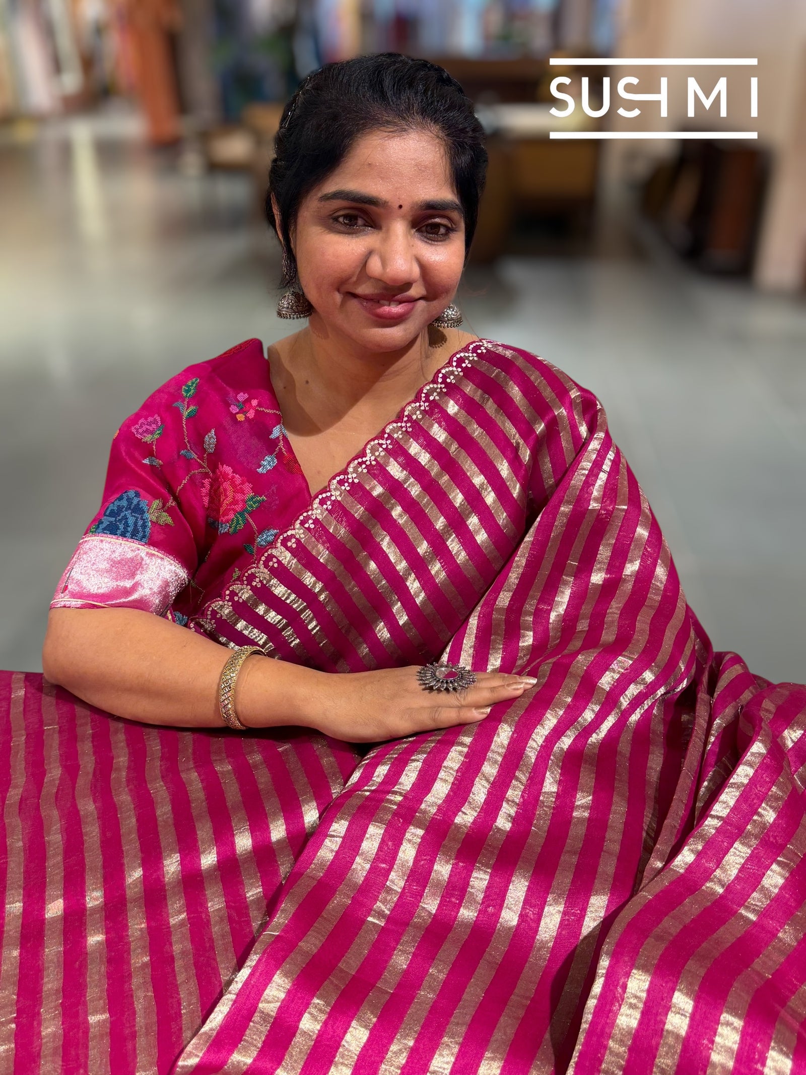 Beetroot Pink Mul tissue stripes saree with fusion blouse : D62138