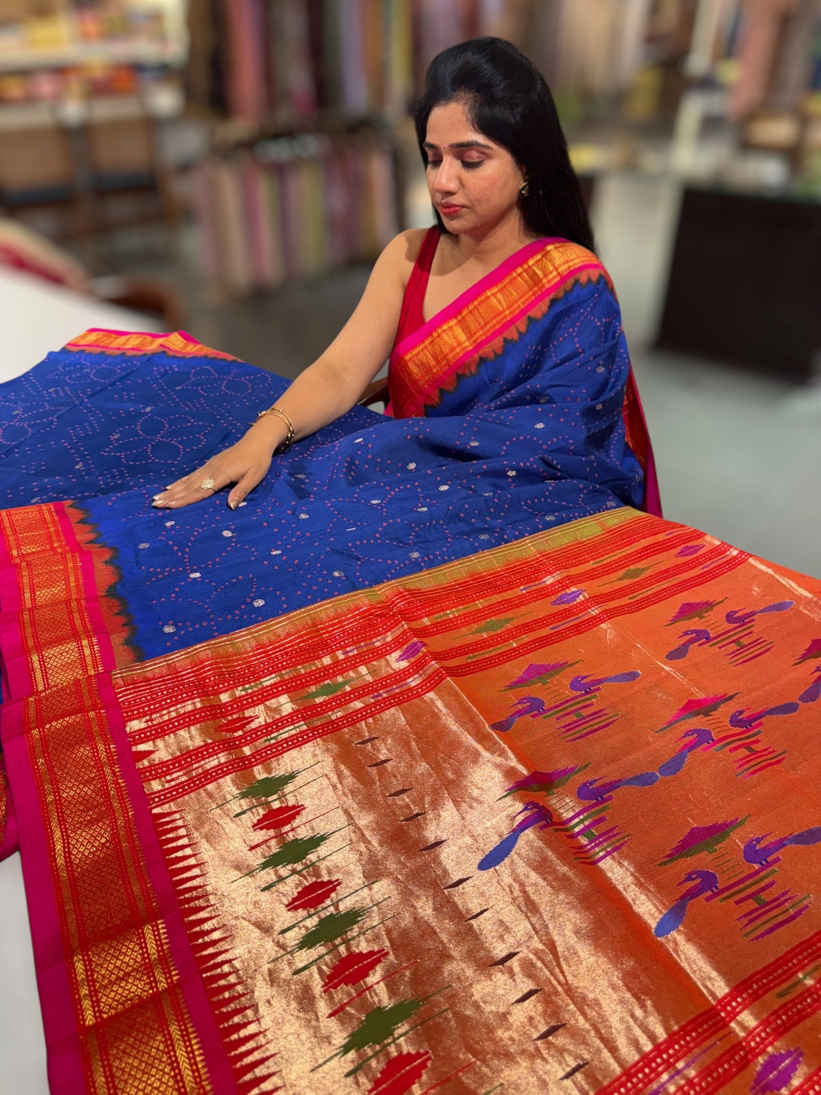 Blue Pure handloom Bandhini paithani saree