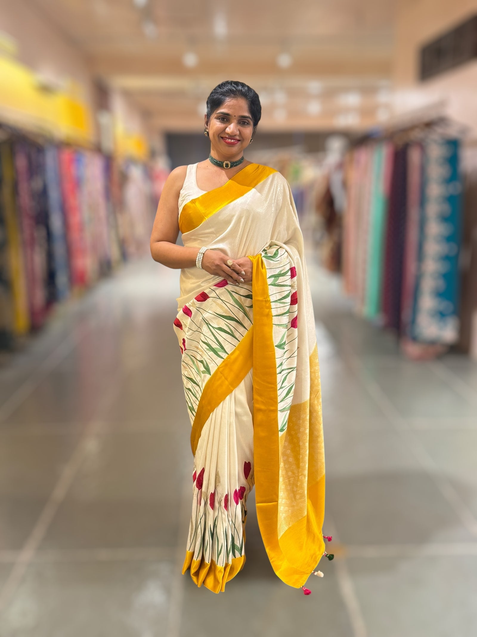 Pure handloom Banarasi Tussar Khaddi Georgette with Tulip Border