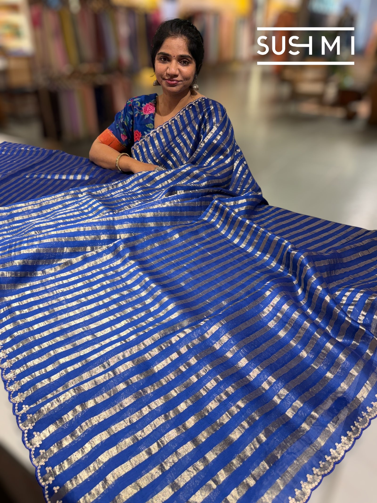 Electric Blue Mul tissue stripes saree with fusion blouse : D62139