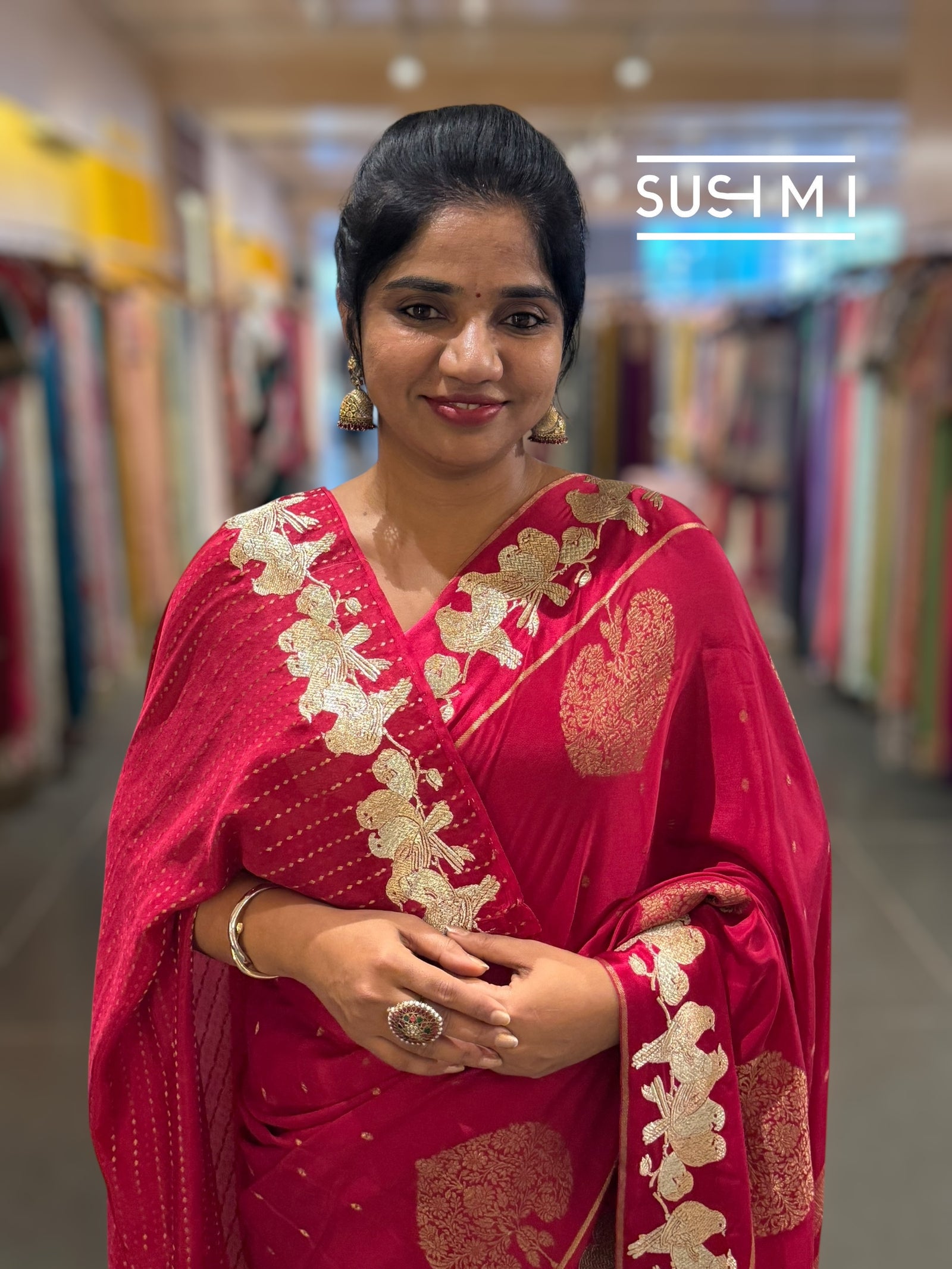 Dark Ruby Pink Mysore silk saree with woven motif and embroidered border : D62128