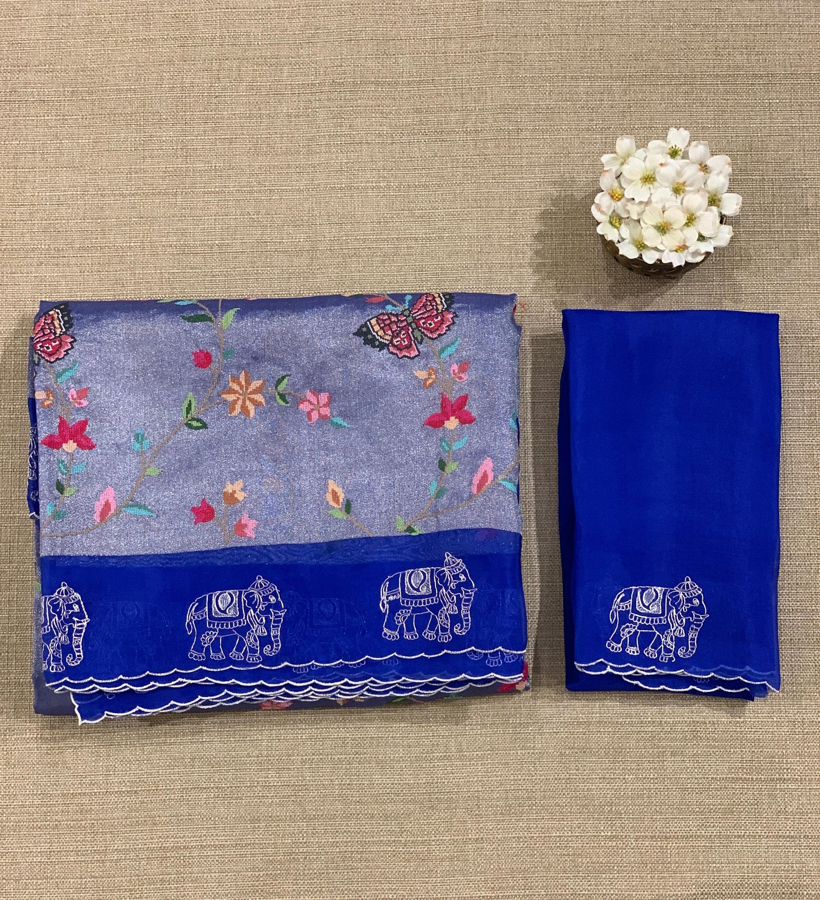 Electric Blue Premium Handloom Designer Tissue saree with exquisite embroidery