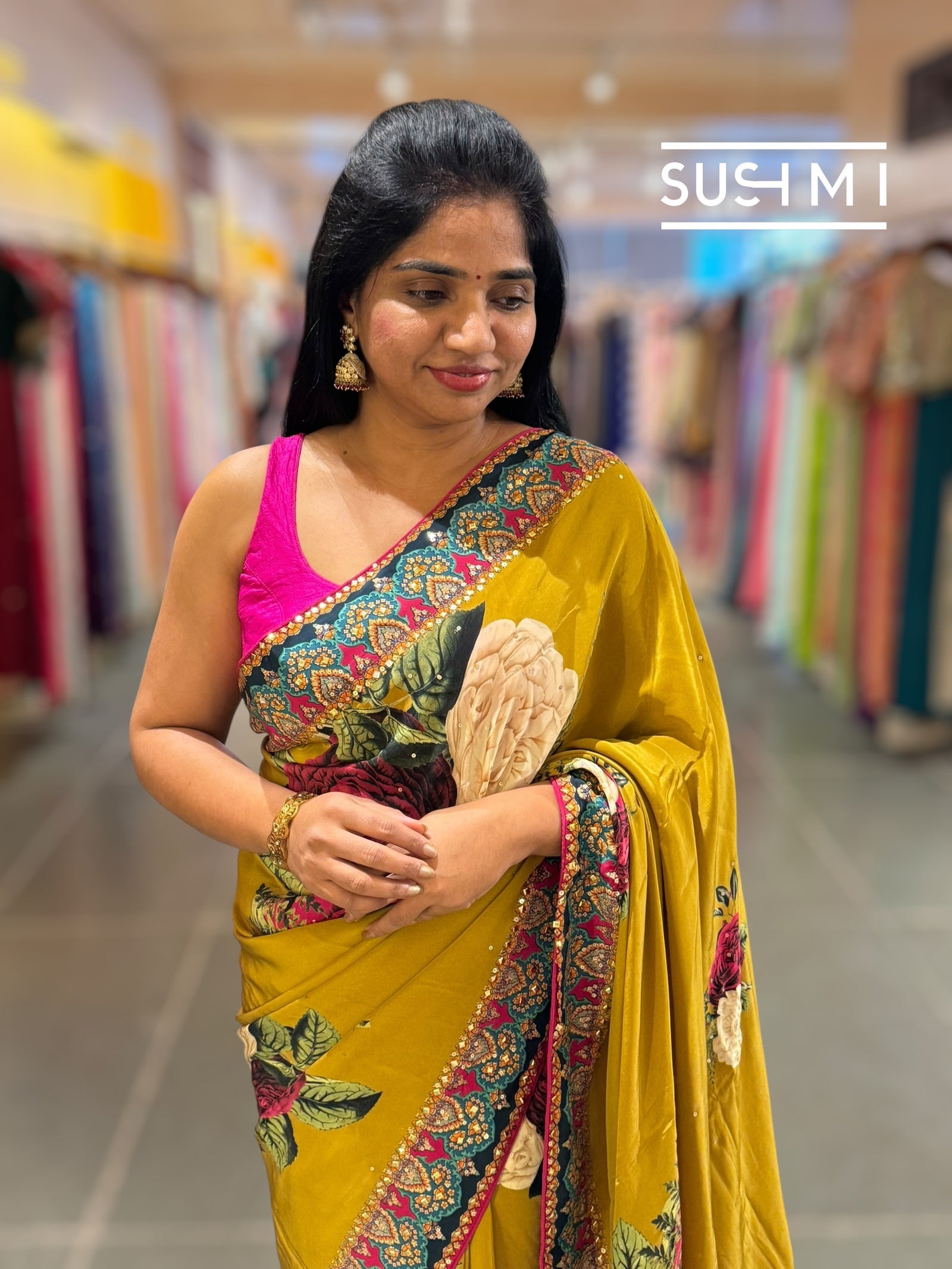 Mustard Gold Designer Crepe Silk Saree : D62F030