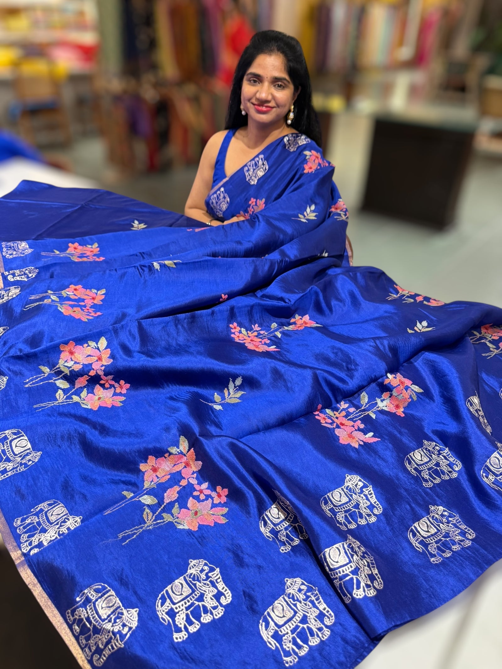 Electric Blue Banarasi Silk Saree with petite point & Pita embroidery