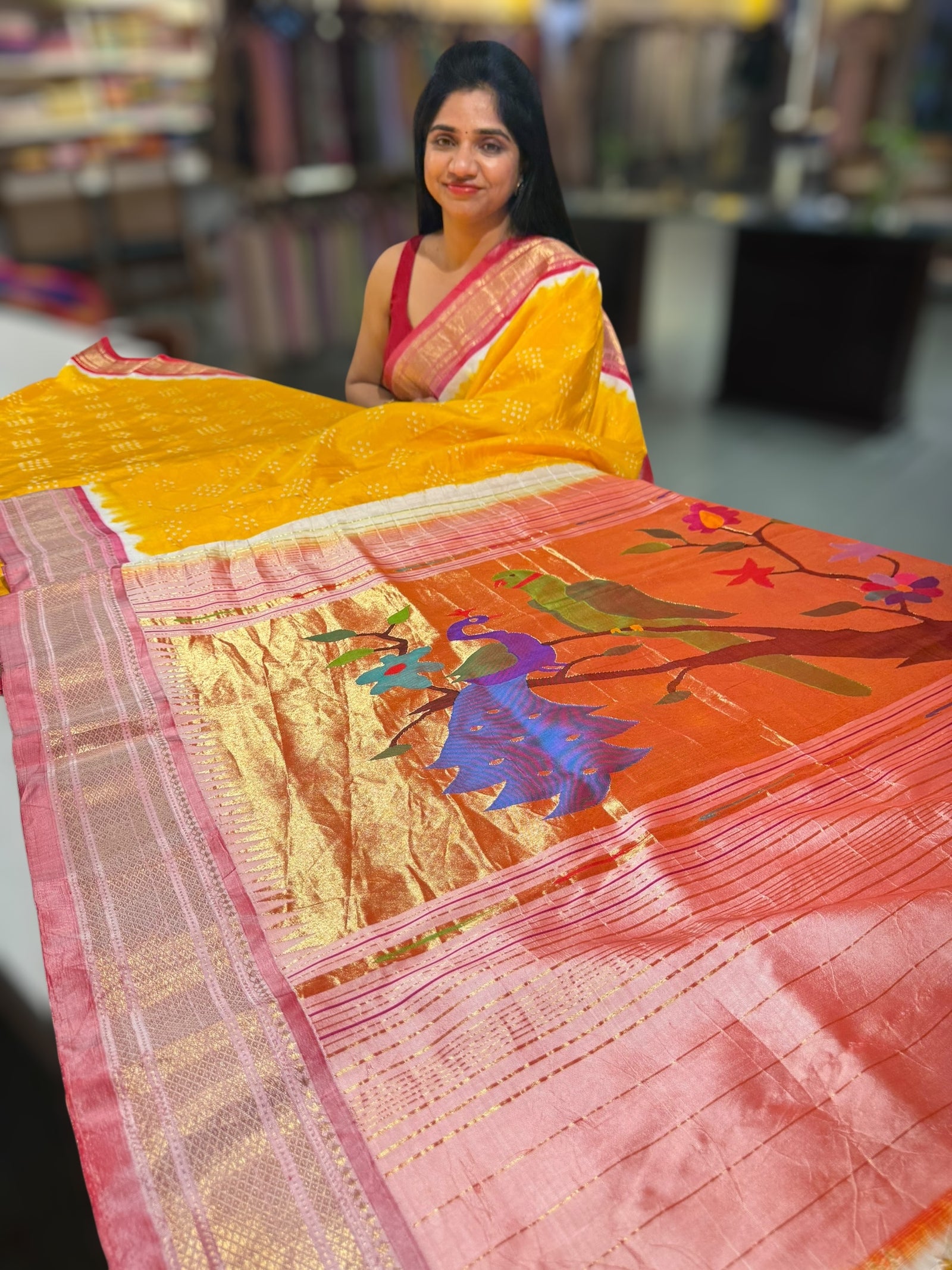 Yellow Pure handloom Bandhini paithani saree