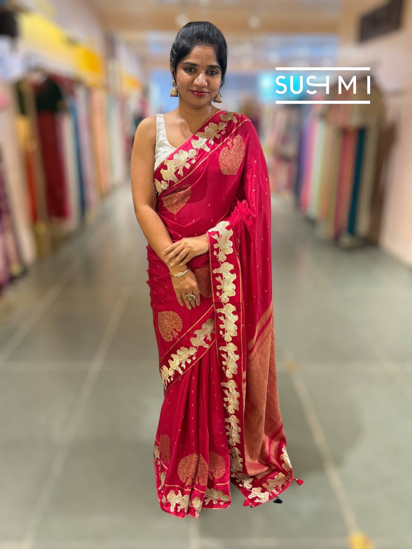 Dark Ruby Pink Mysore silk saree with woven motif and embroidered border : D62128