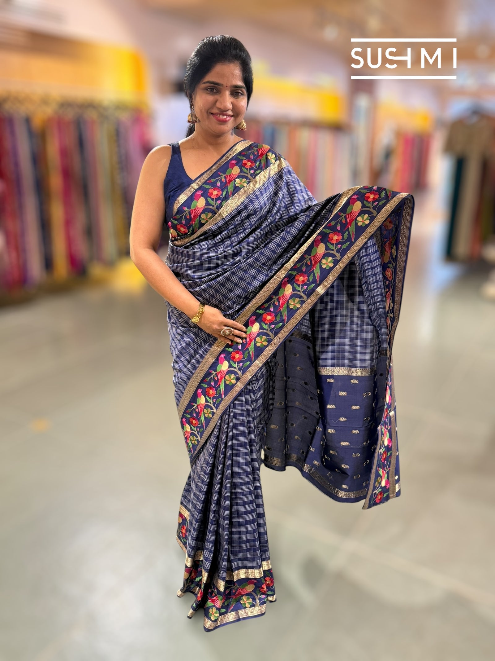 Midnight Blue Vintage checks Kanjeevaram soft silk saree with embroidery D62F040