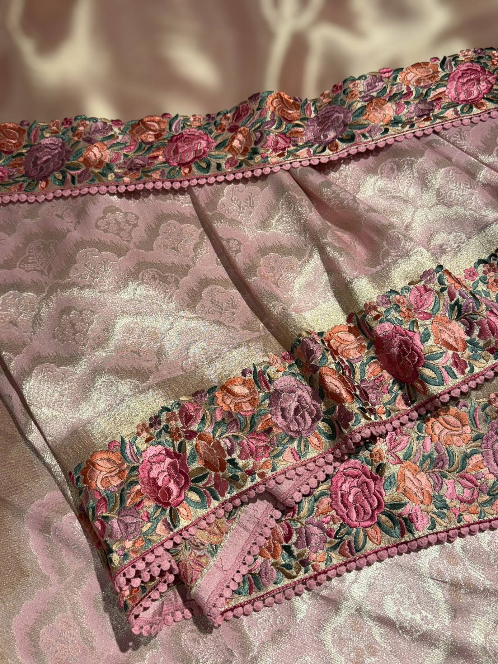 Baby Pink Banarasi Brocade tissue saree with tonchui style weaving and parsi gara embroidered border
