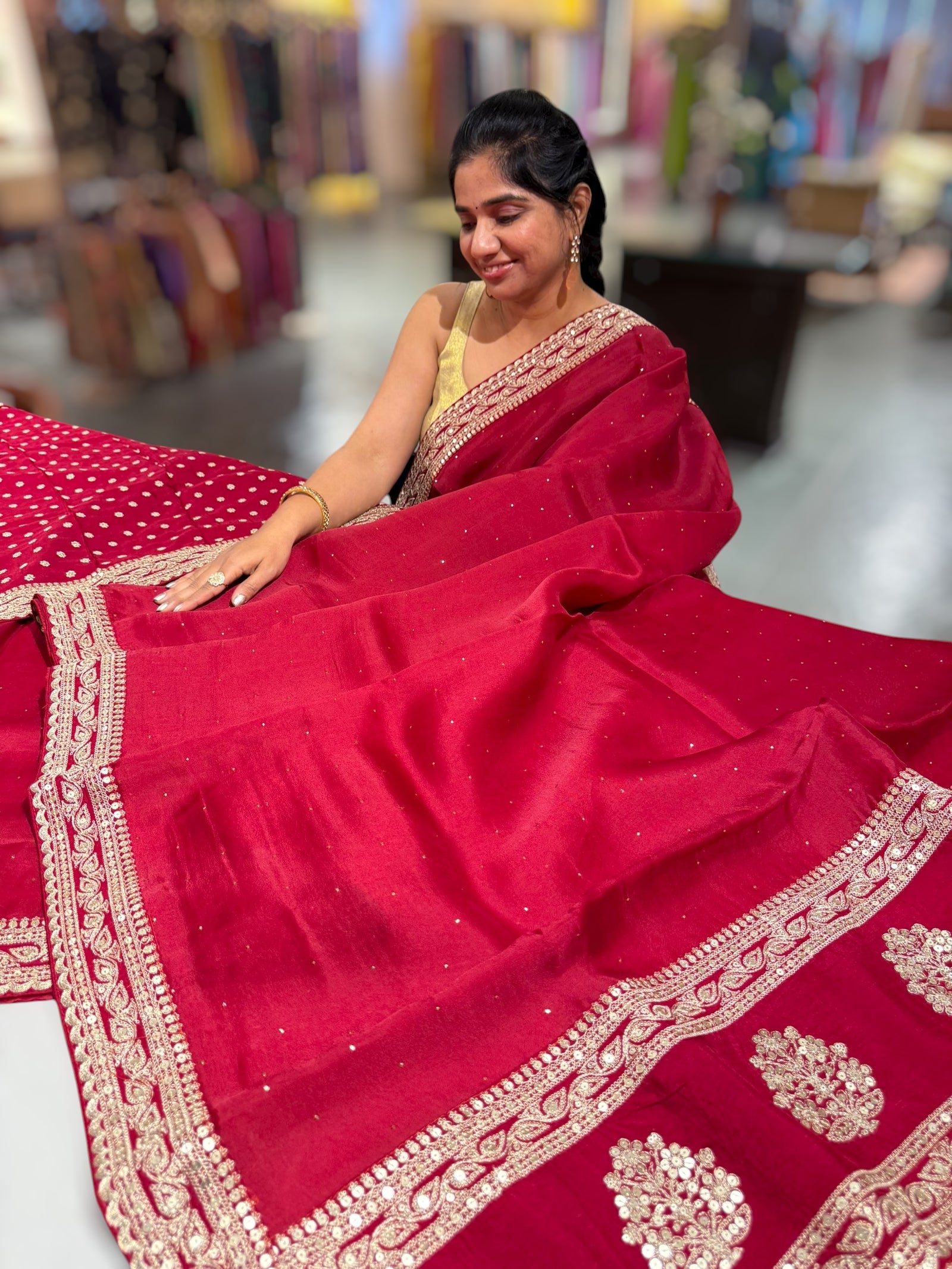 Maroon Red Pure Organza Saree with allover mukaish work & sabyasachi borders
