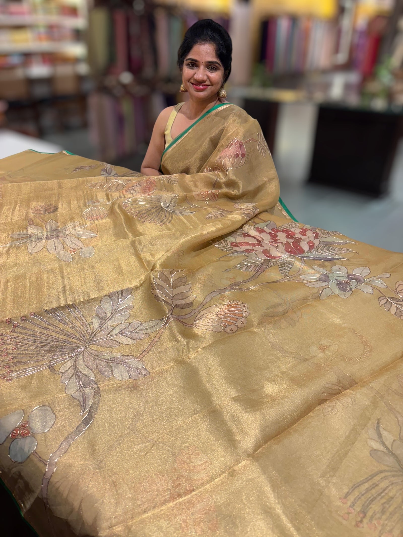 Gold Printed Banarasi Tissue with Handwork