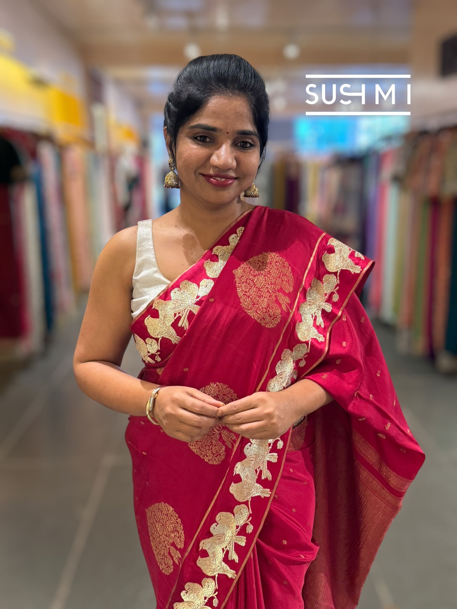 Dark Ruby Pink Mysore silk saree with woven motif and embroidered border : D62128