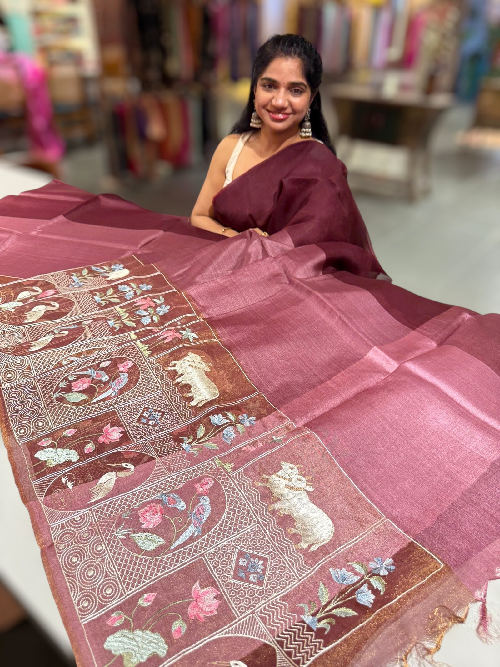 Winish Brown Kora-Tussar blend Handloom Saree with Tissue embroidered Skirt Border