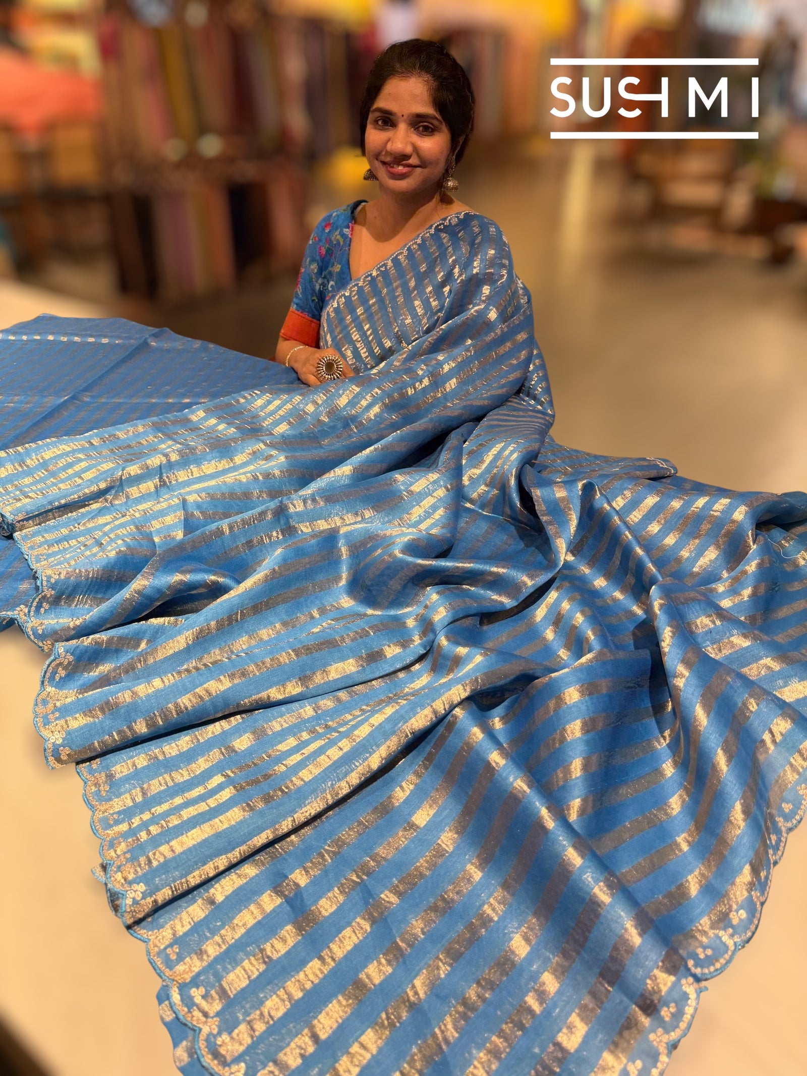 Cobalt Blue Mul tissue stripes saree with fusion blouse : D62137