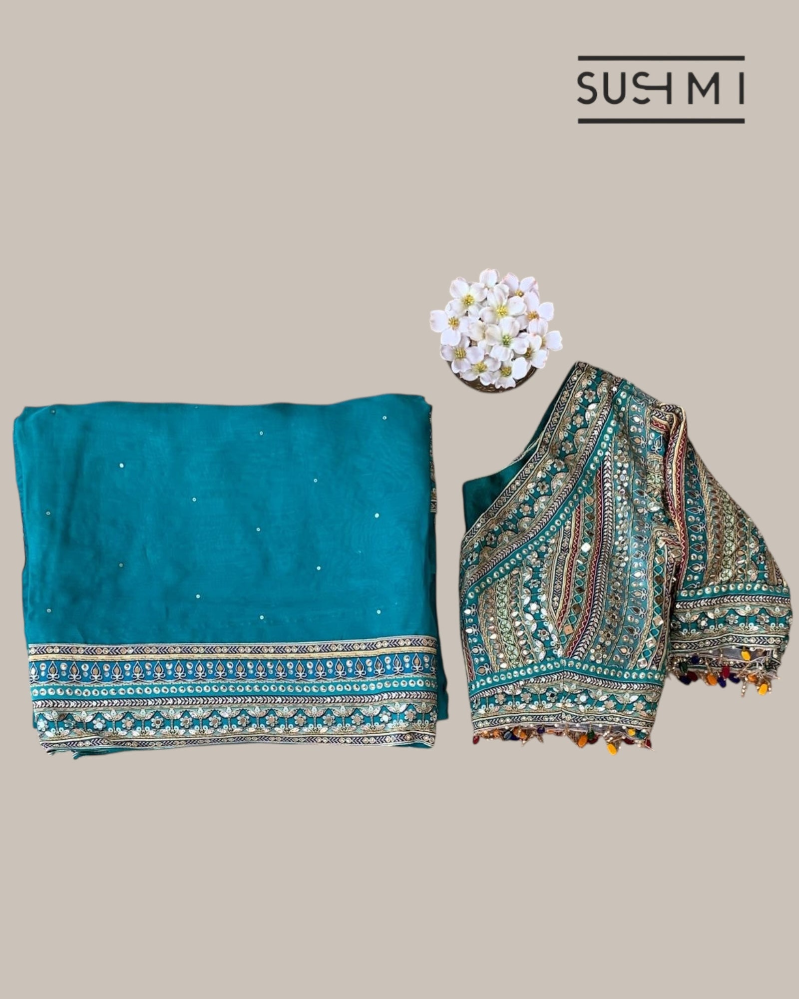 Teal DesignerOrganza saree