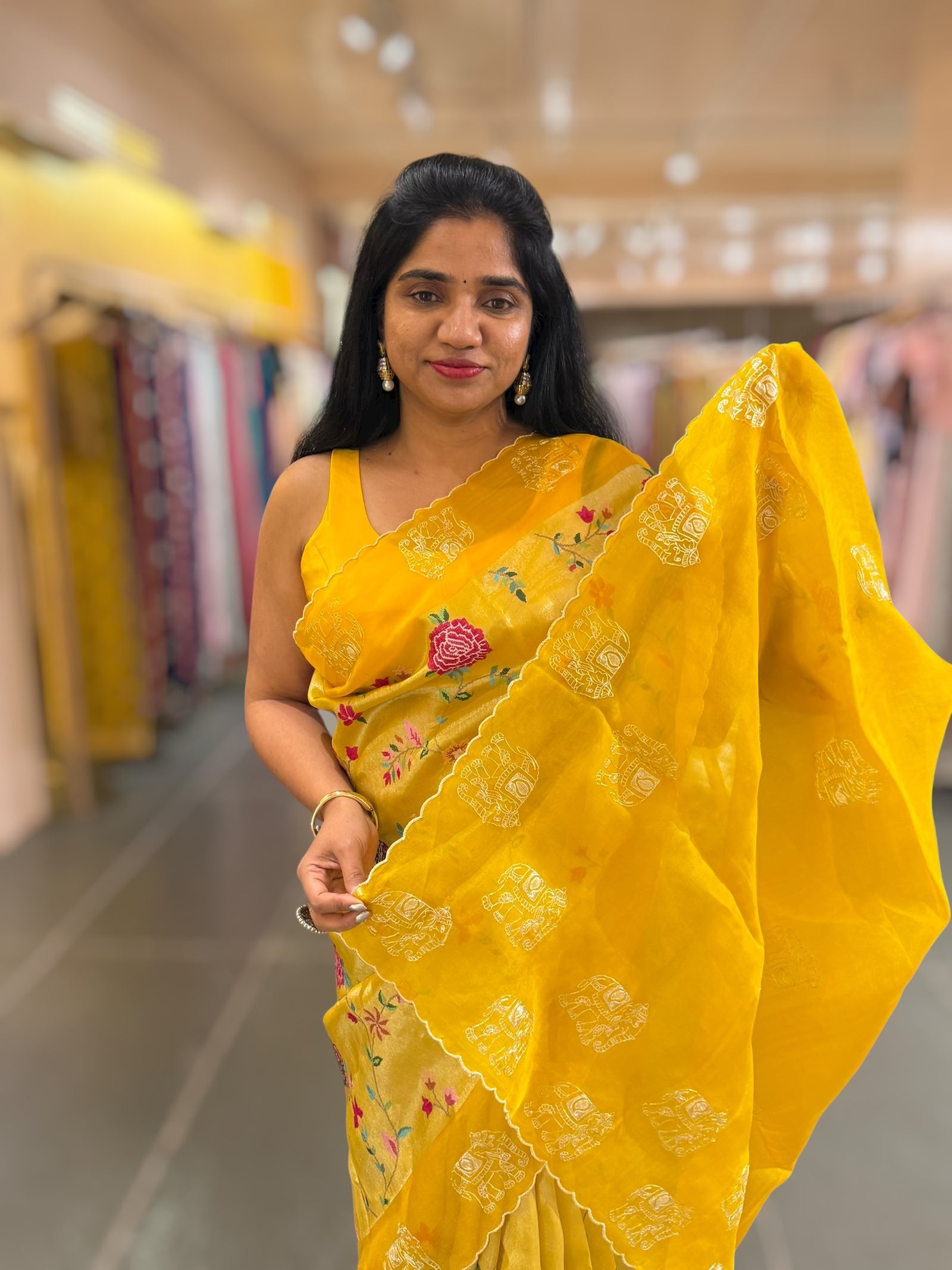 Mango Yellow Premium Handloom Designer Tissue saree with exquisite embroidery