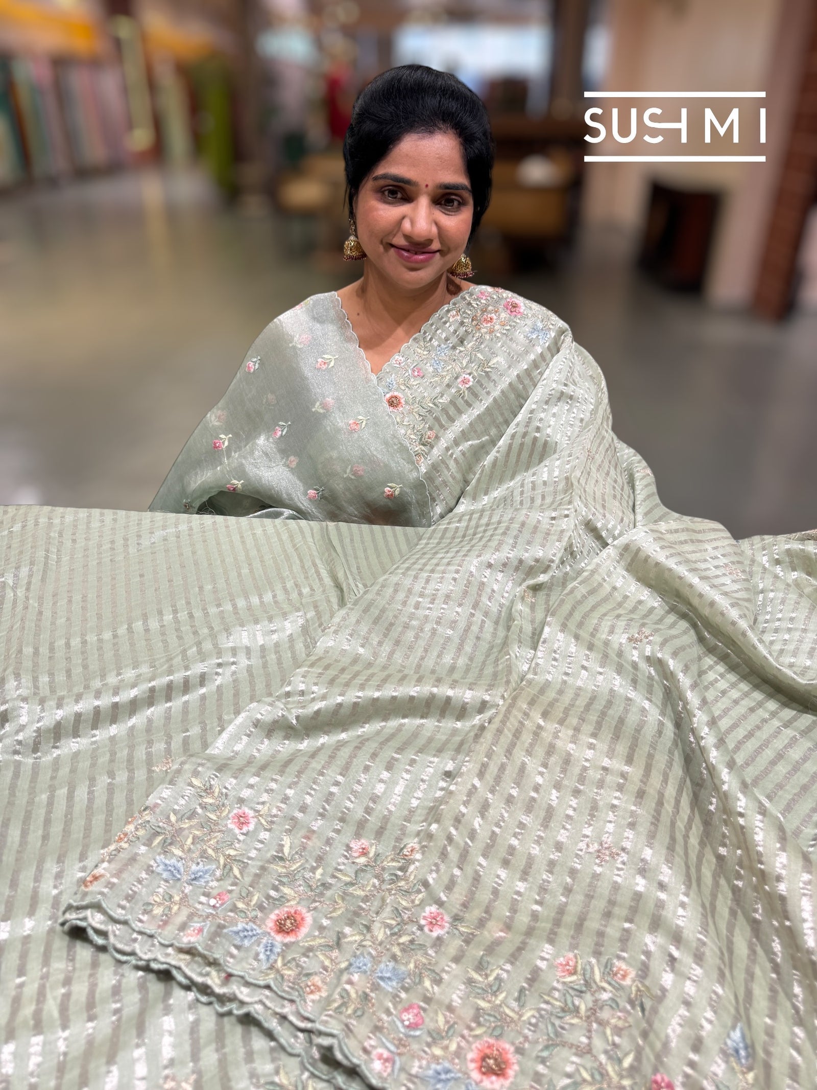 Mint mul tissue Saree with handcrafted floral border : SM024