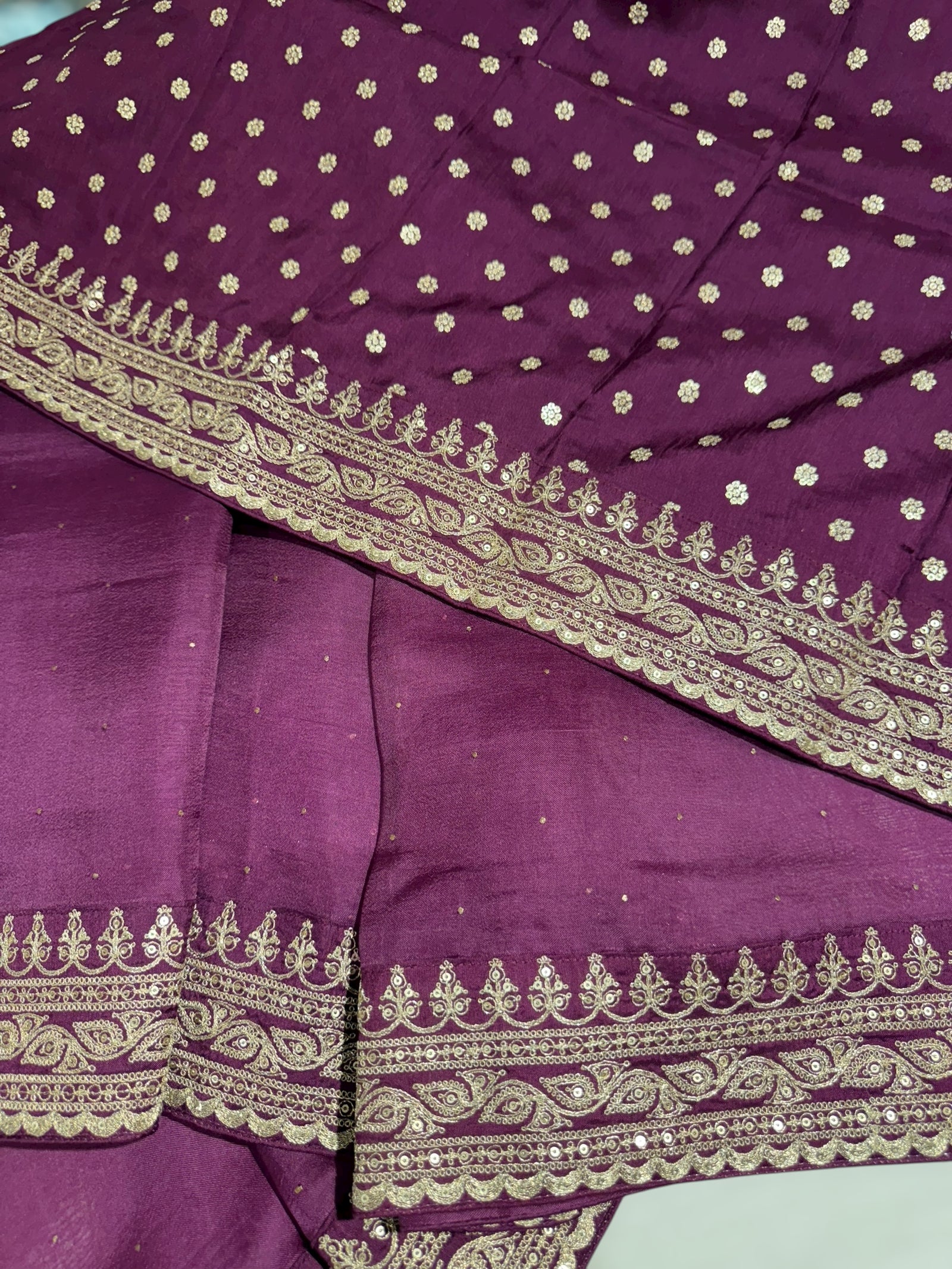 Wine Pure Organza Saree with allover mukaish work & sabyasachi borders