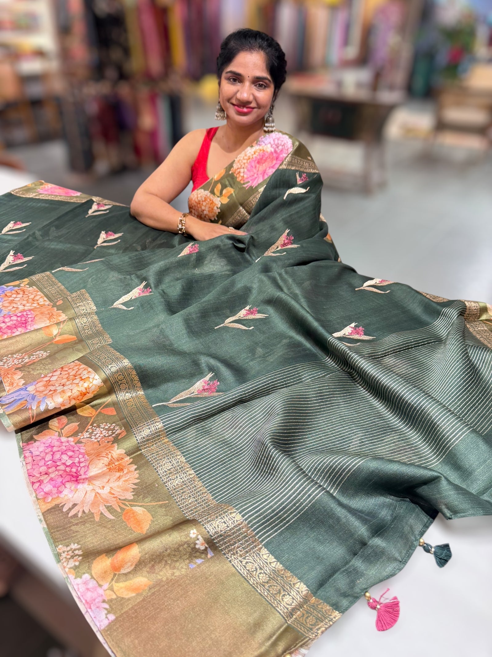 Forest Green Tussar Dhupion Saree with Floral printed mashru borders