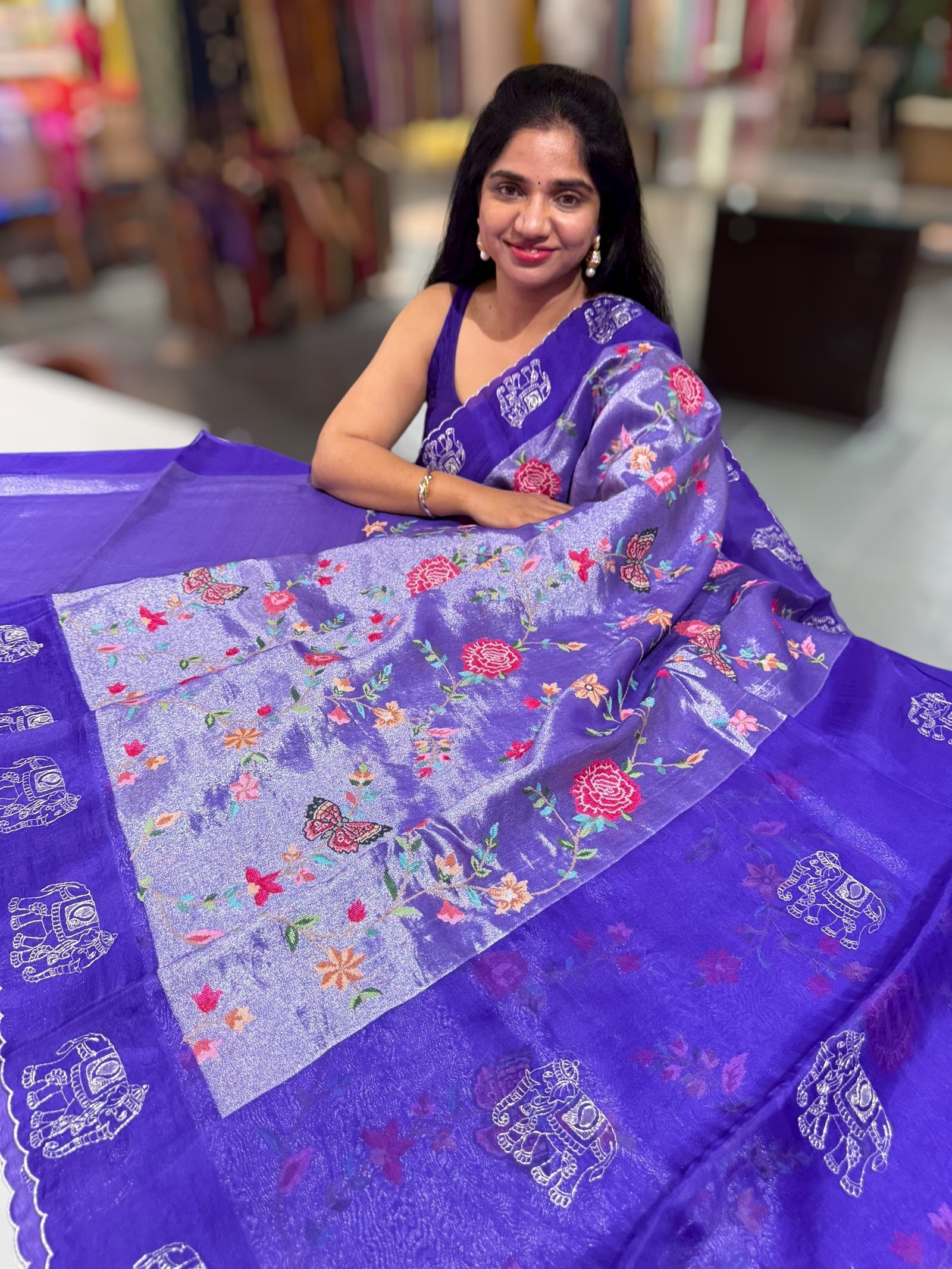Purple Premium Handloom Designer Tissue saree with exquisite embroidery