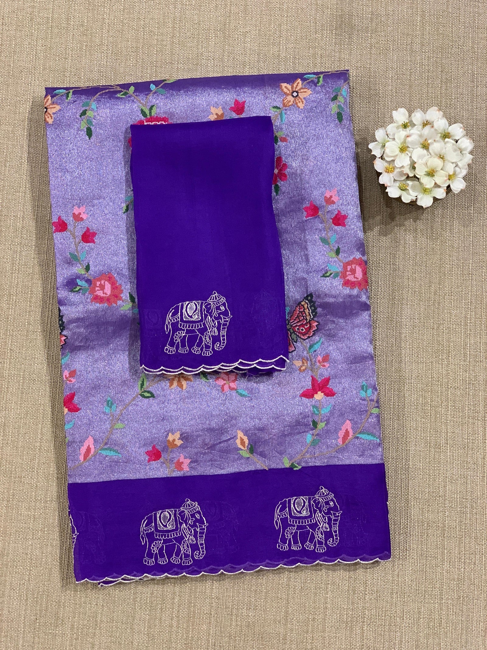 Purple Premium Handloom Designer Tissue saree with exquisite embroidery