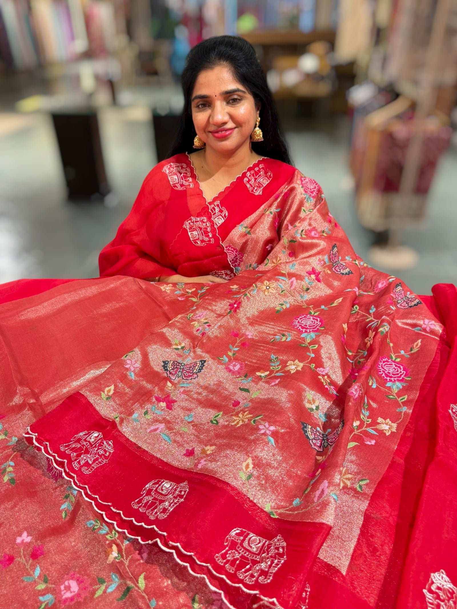 Red Premium Handloom Designer Tissue saree with exquisite embroidery