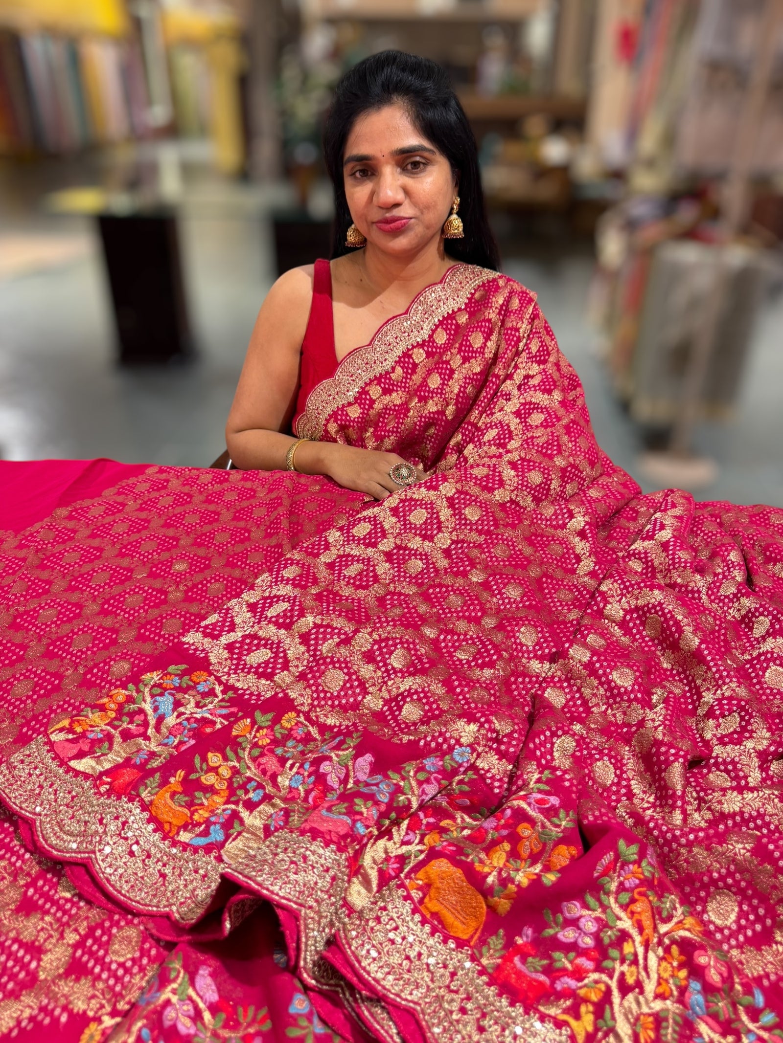 Reddish pink Bandhini Georgette Saree with sabya style scallop border