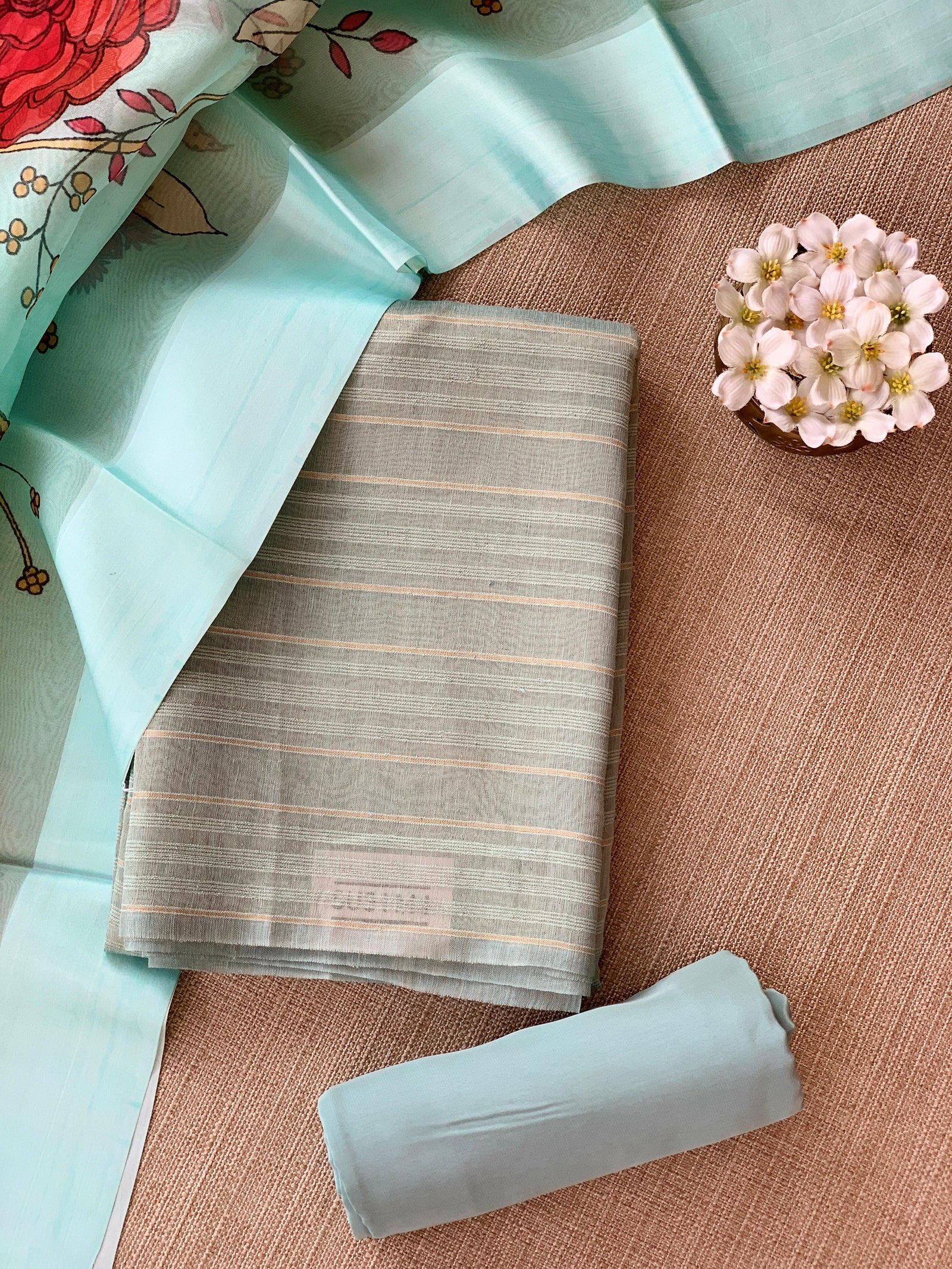 Mint Blue Banarasi Chiniya Silk 3-pc Suit set : SS62J09