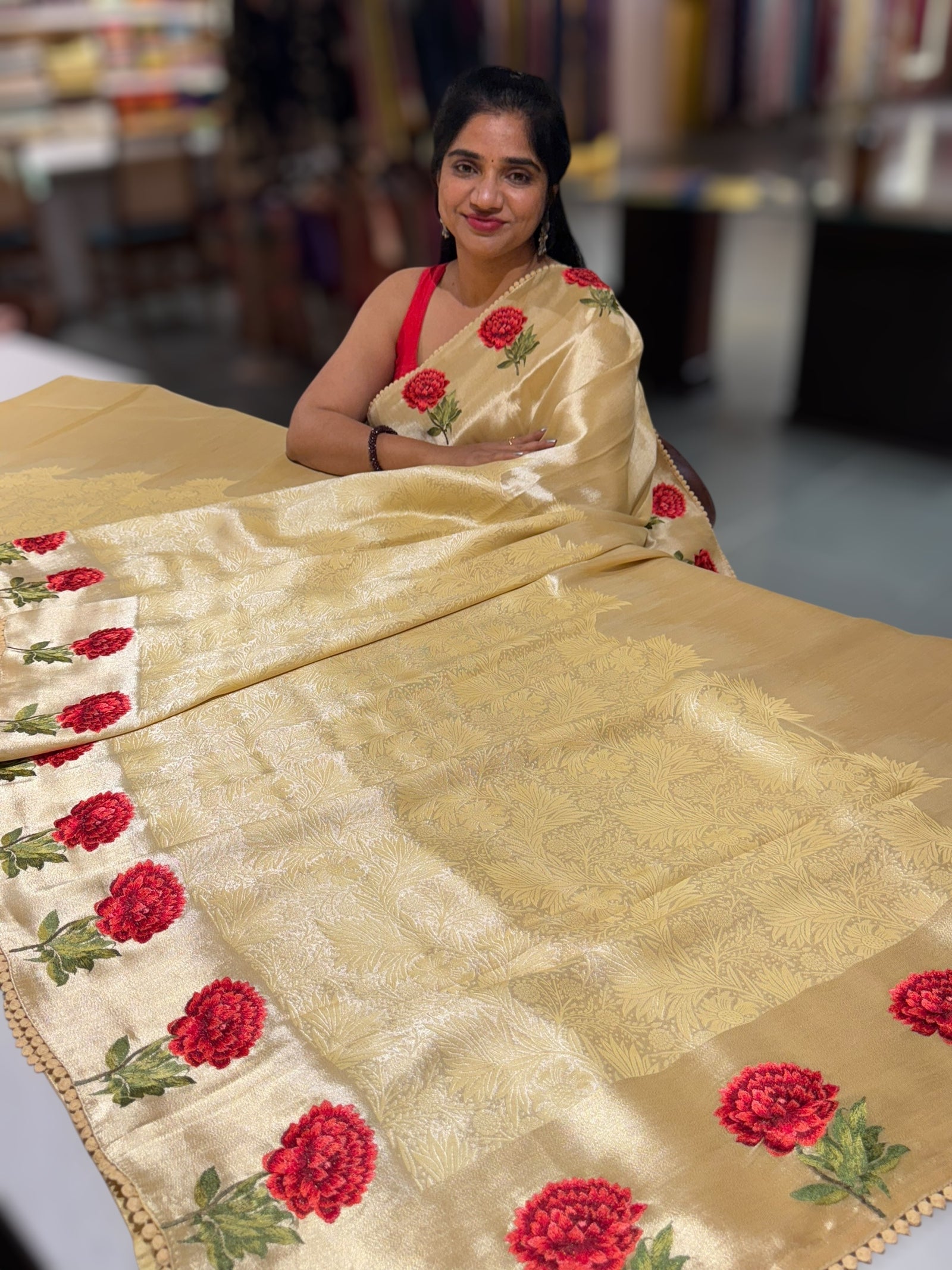 Pastel yellow Banarasi Brocade tissue saree with tonchui style weaving & embroidered dahlia flower border