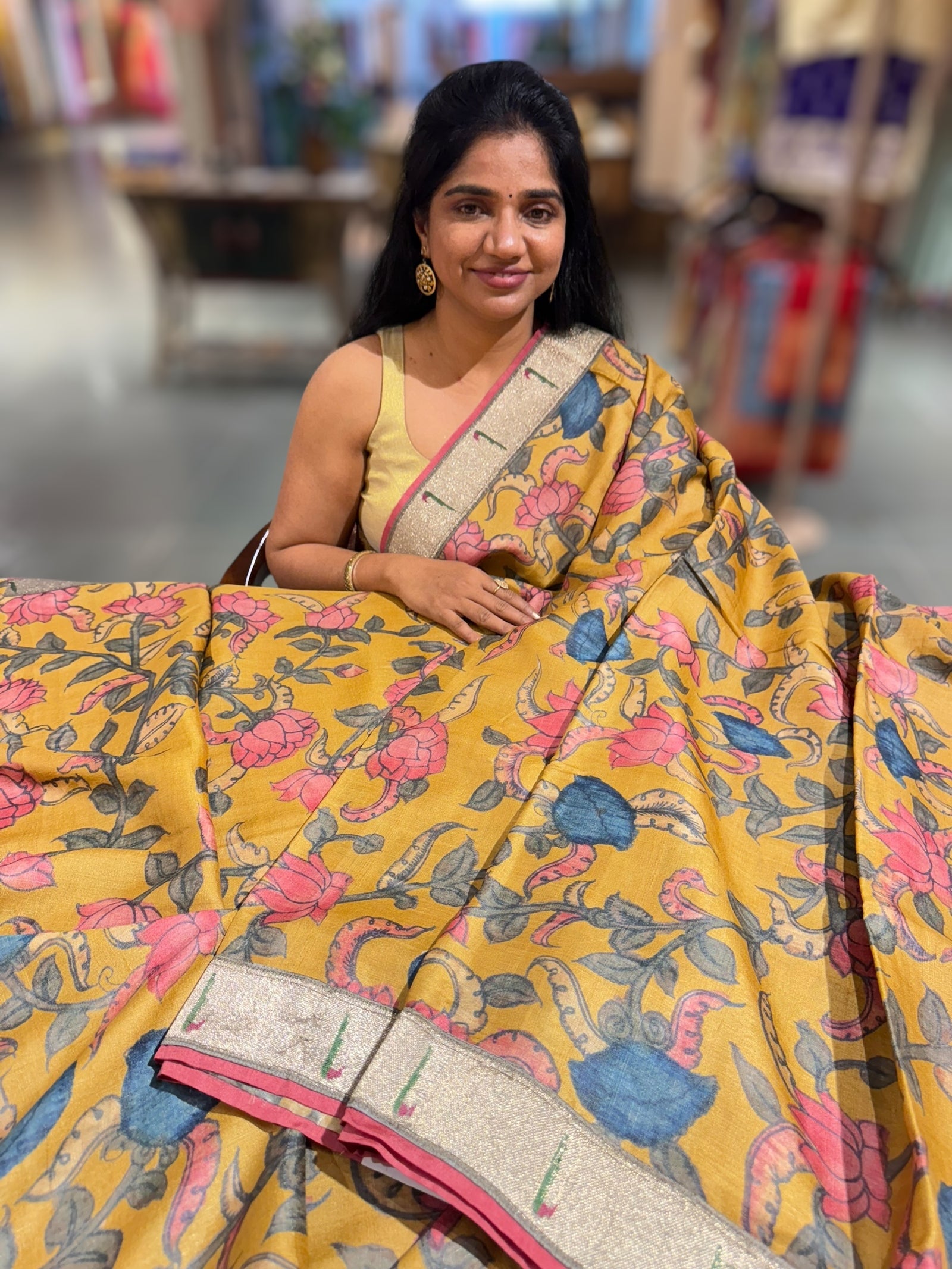 Pure Handloom Tussar kalamkari Saree with pythani single muniya borders