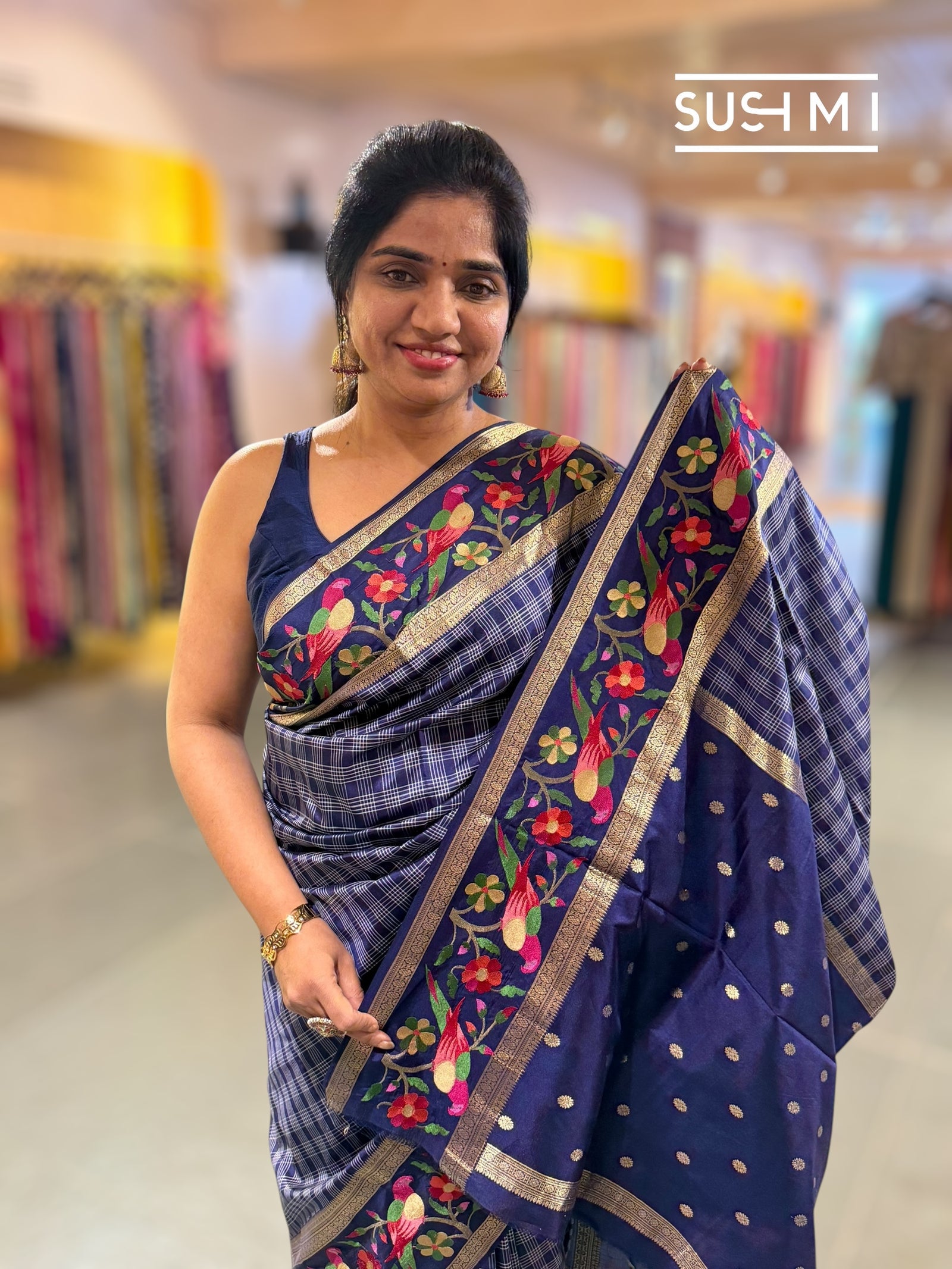 Midnight Blue Vintage checks Kanjeevaram soft silk saree with embroidery D62F040