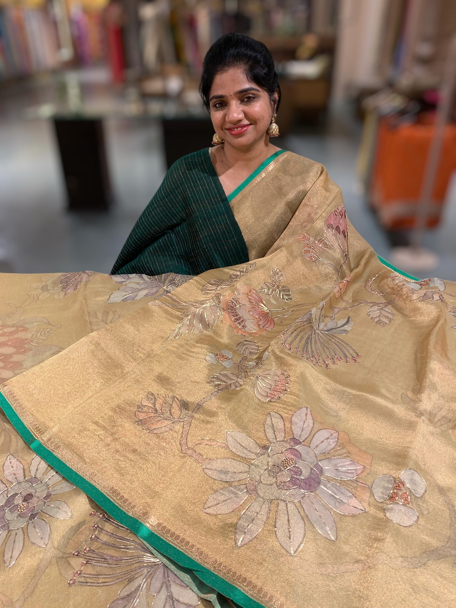 Gold Printed Banarasi Tissue with Handwork