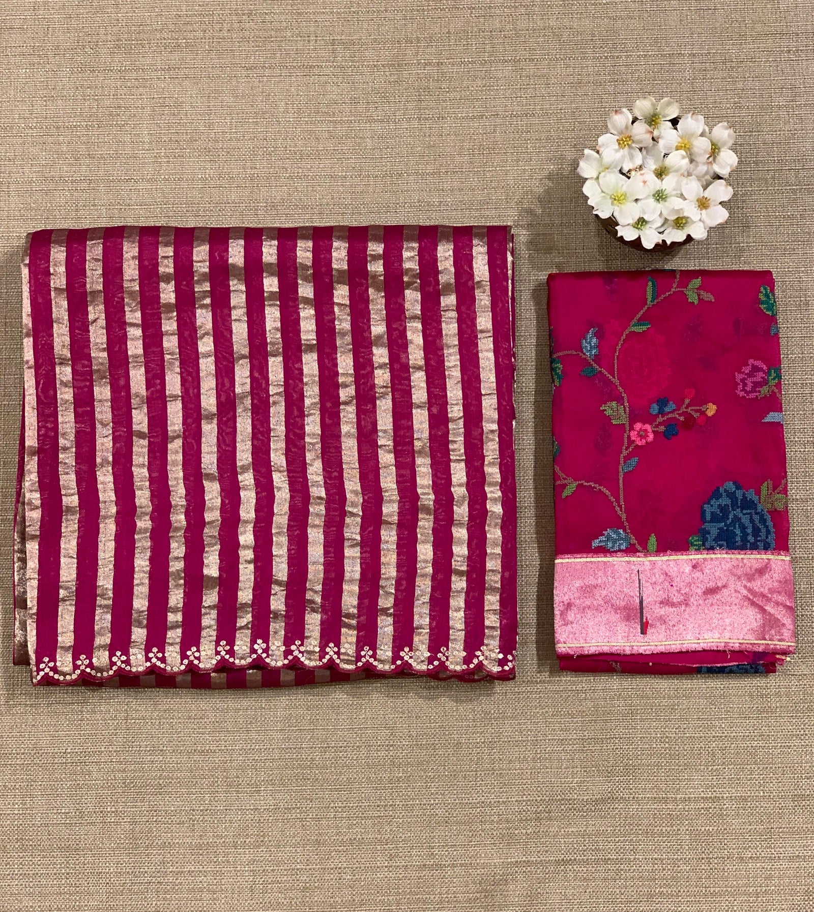 Beetroot Pink Mul tissue stripes saree with fusion blouse : D62138