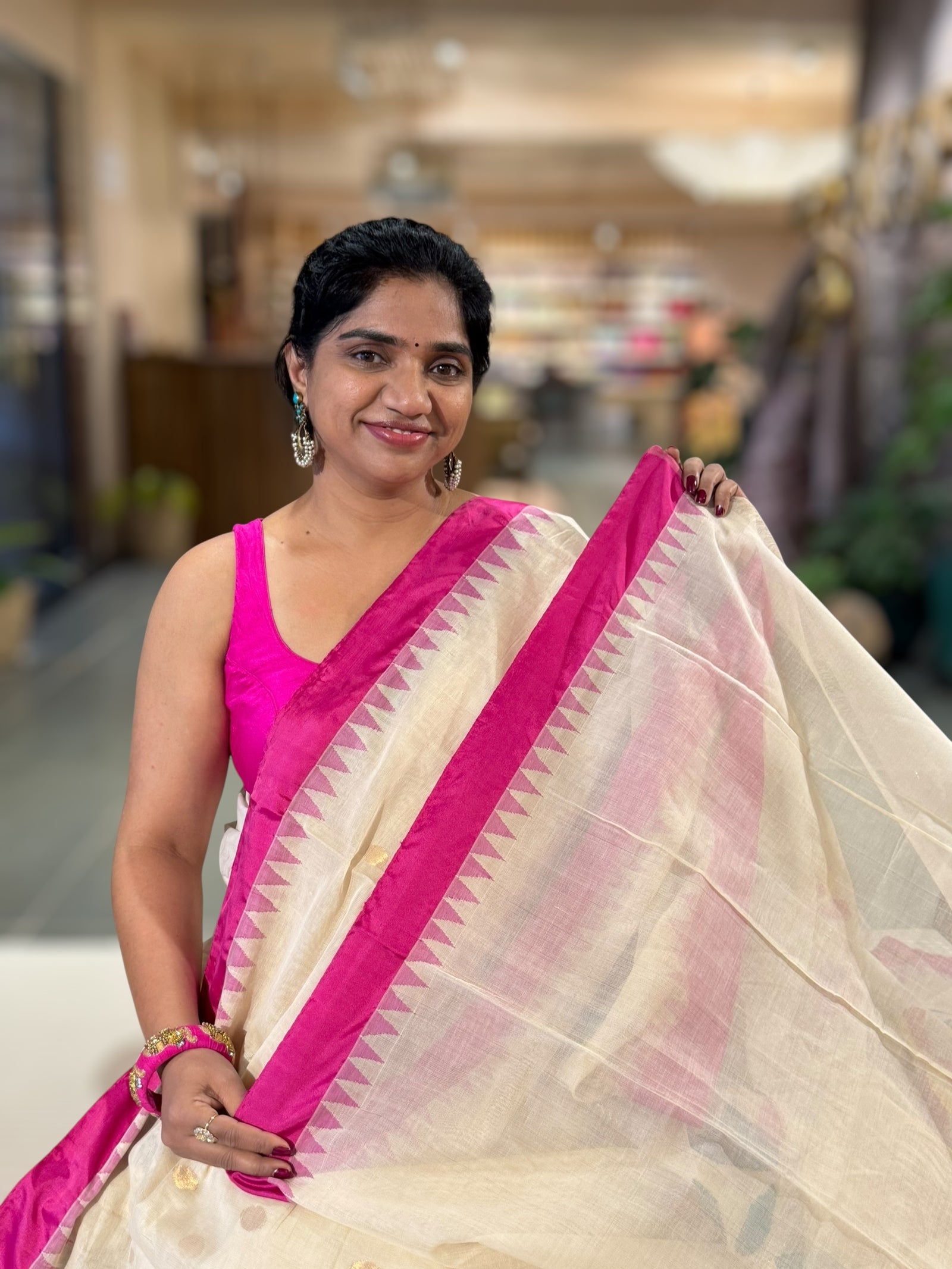 Beige Ponduru Khadi Saree with Rani Pink Temple Silk Border & Jamdani Bird Pallu