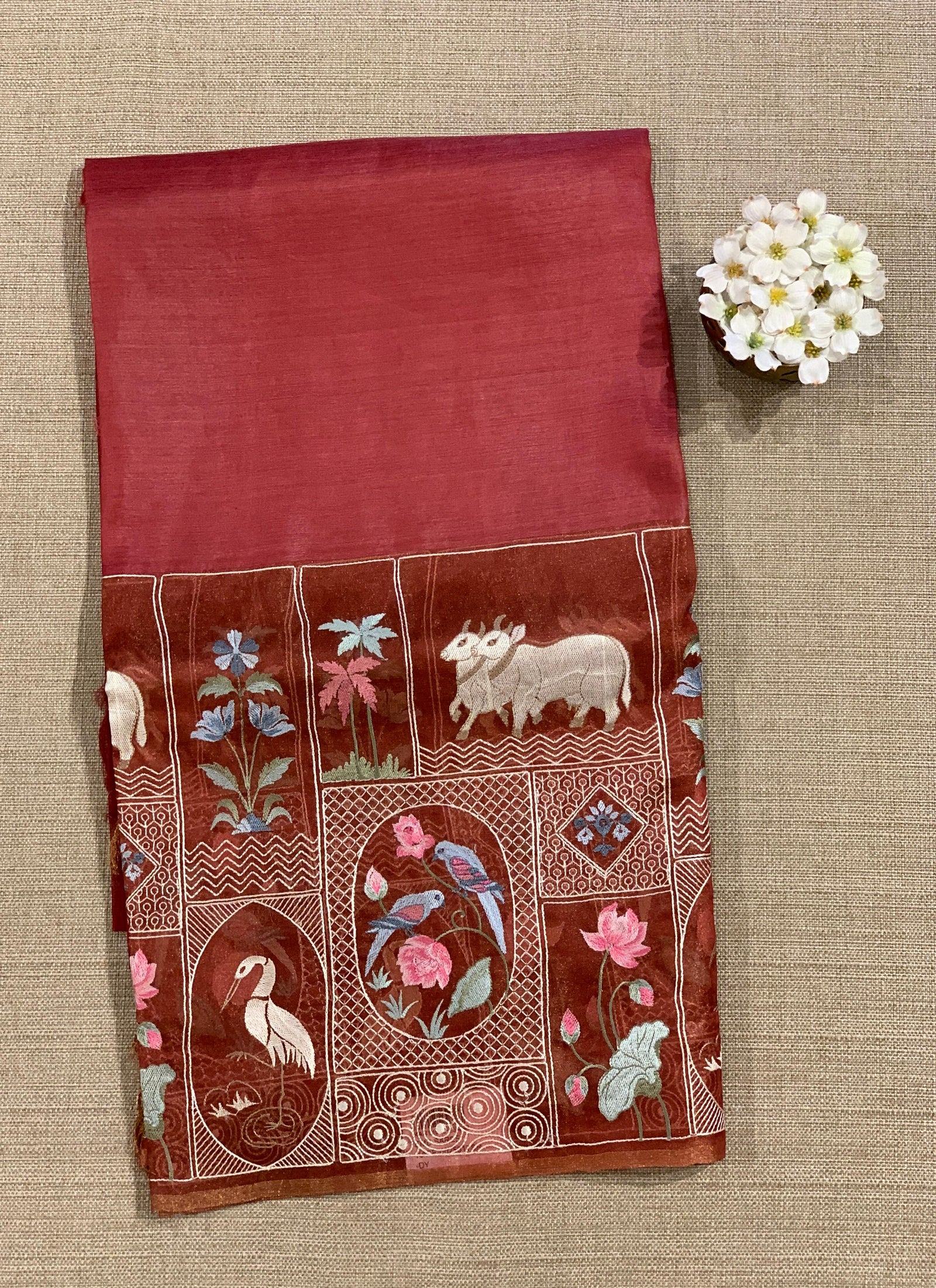 Rust Red/ Brick Red Kora-Tussar blend Handloom Saree with Tissue embroidered Skirt Border