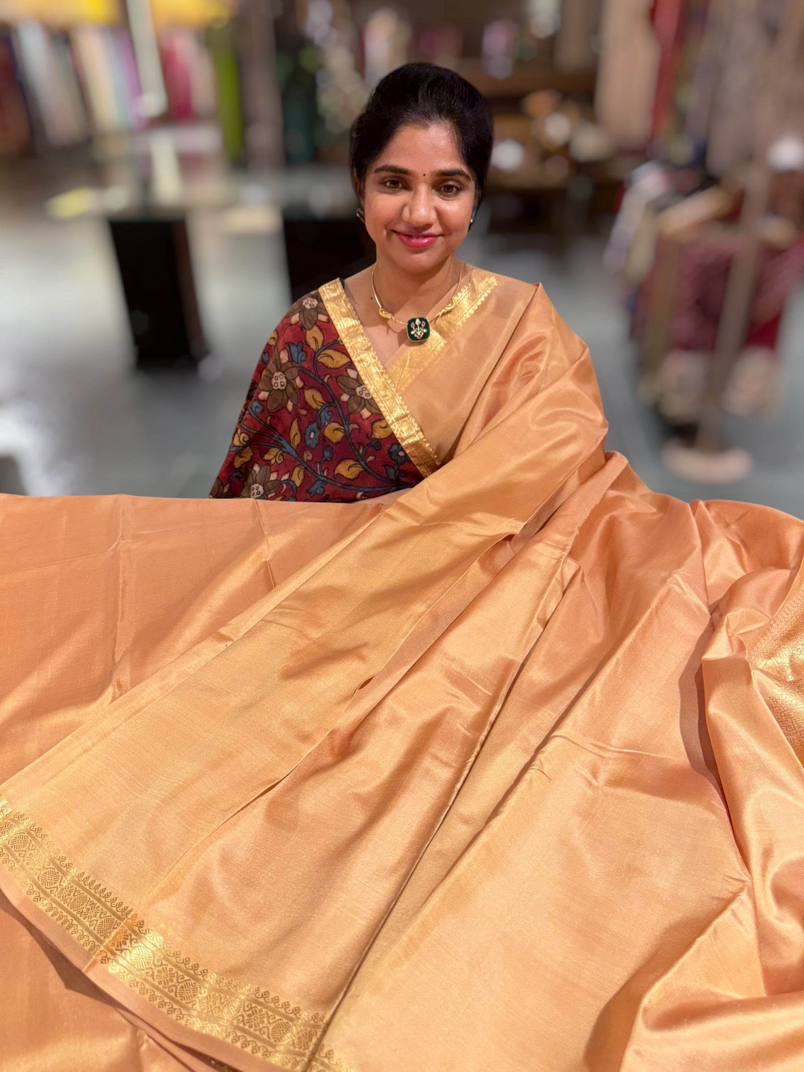 Sandalwood vintage Kanchipuram silk saree with pen kalamkari blouse