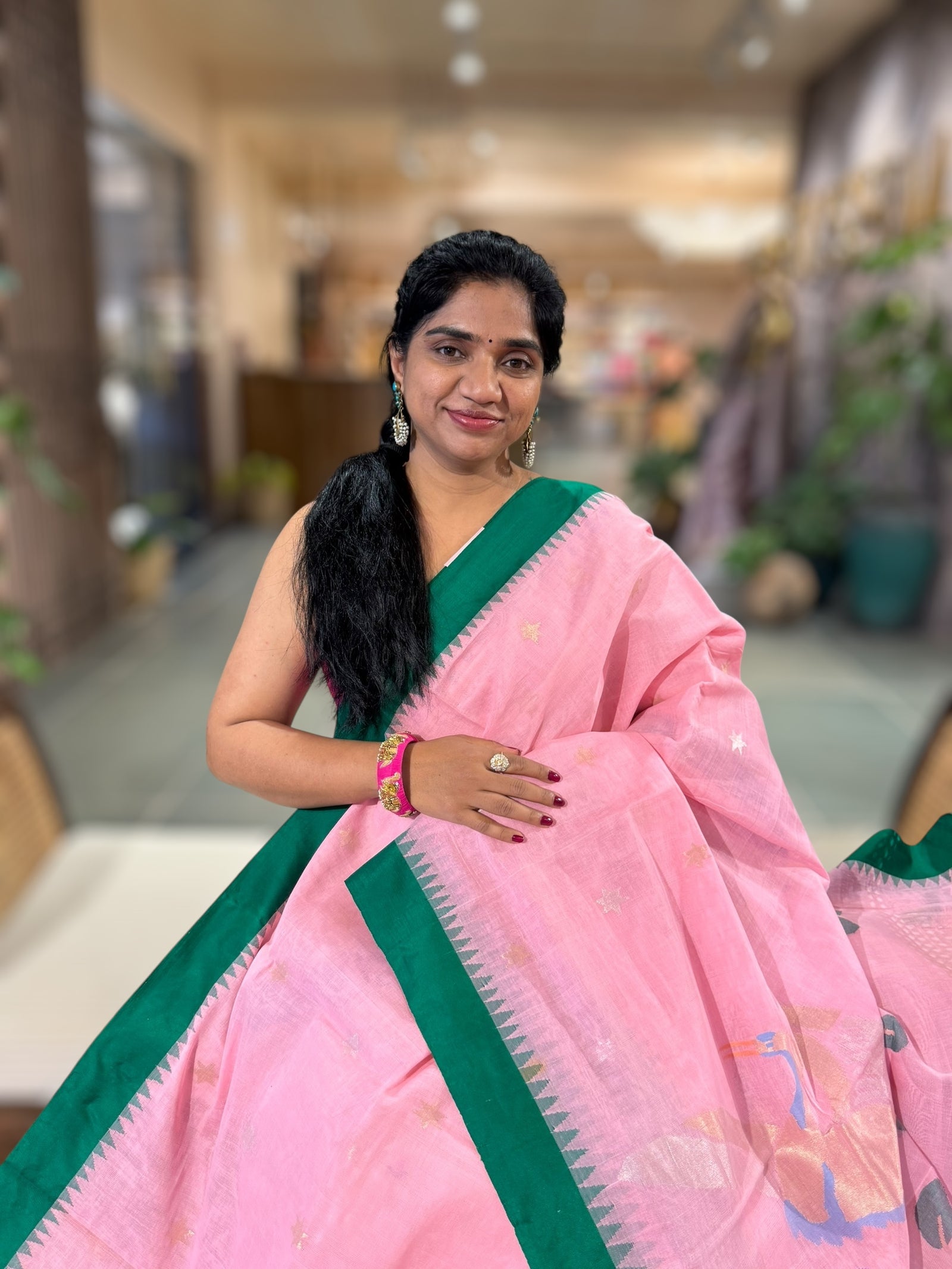 Baby Pink Ponduru Khadi Saree with Silk Temple Border & Jamdani Duck Pallu