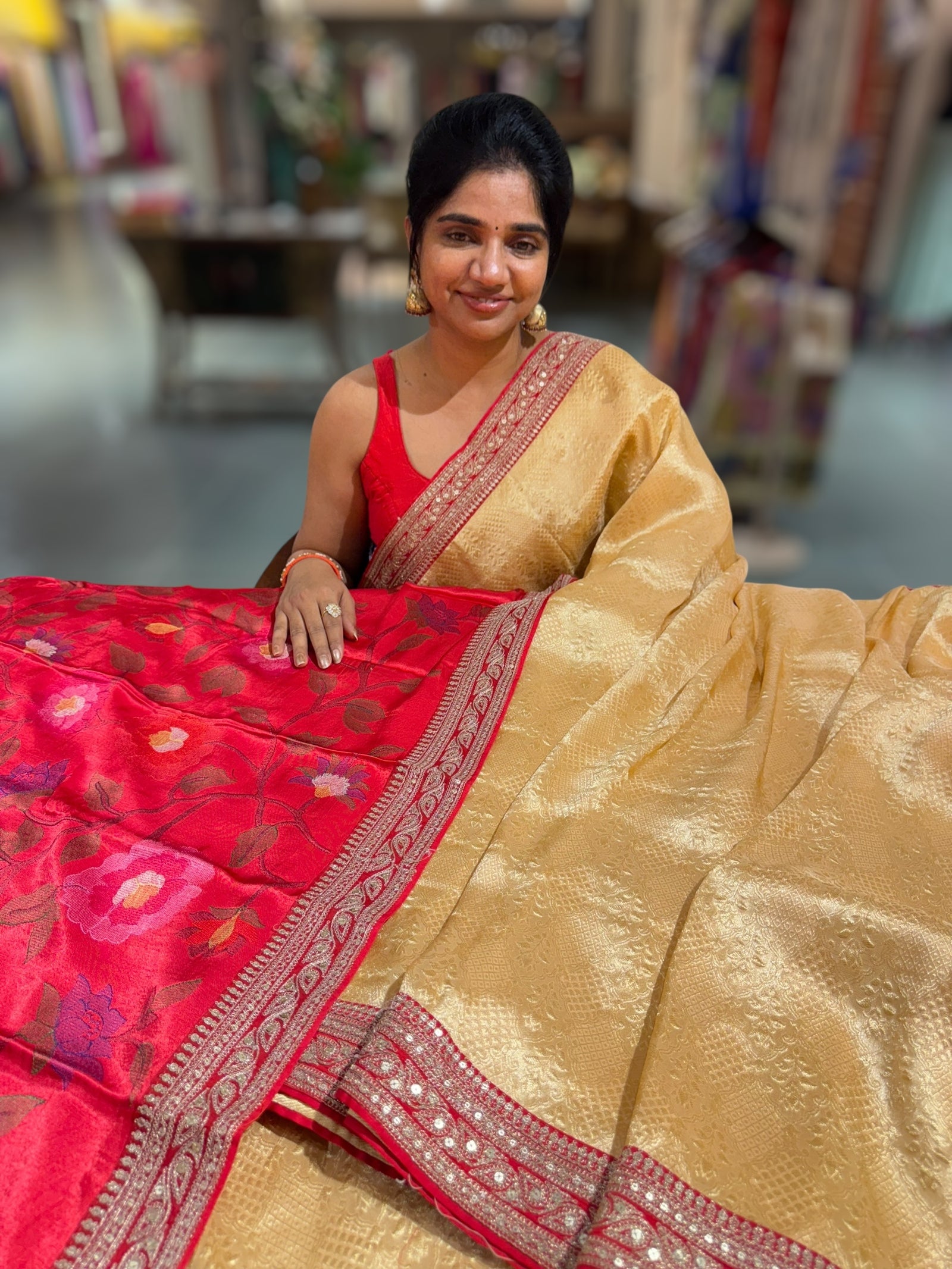 Peach & Reddish Pink Combo Banarasi Tissue Brocade saree