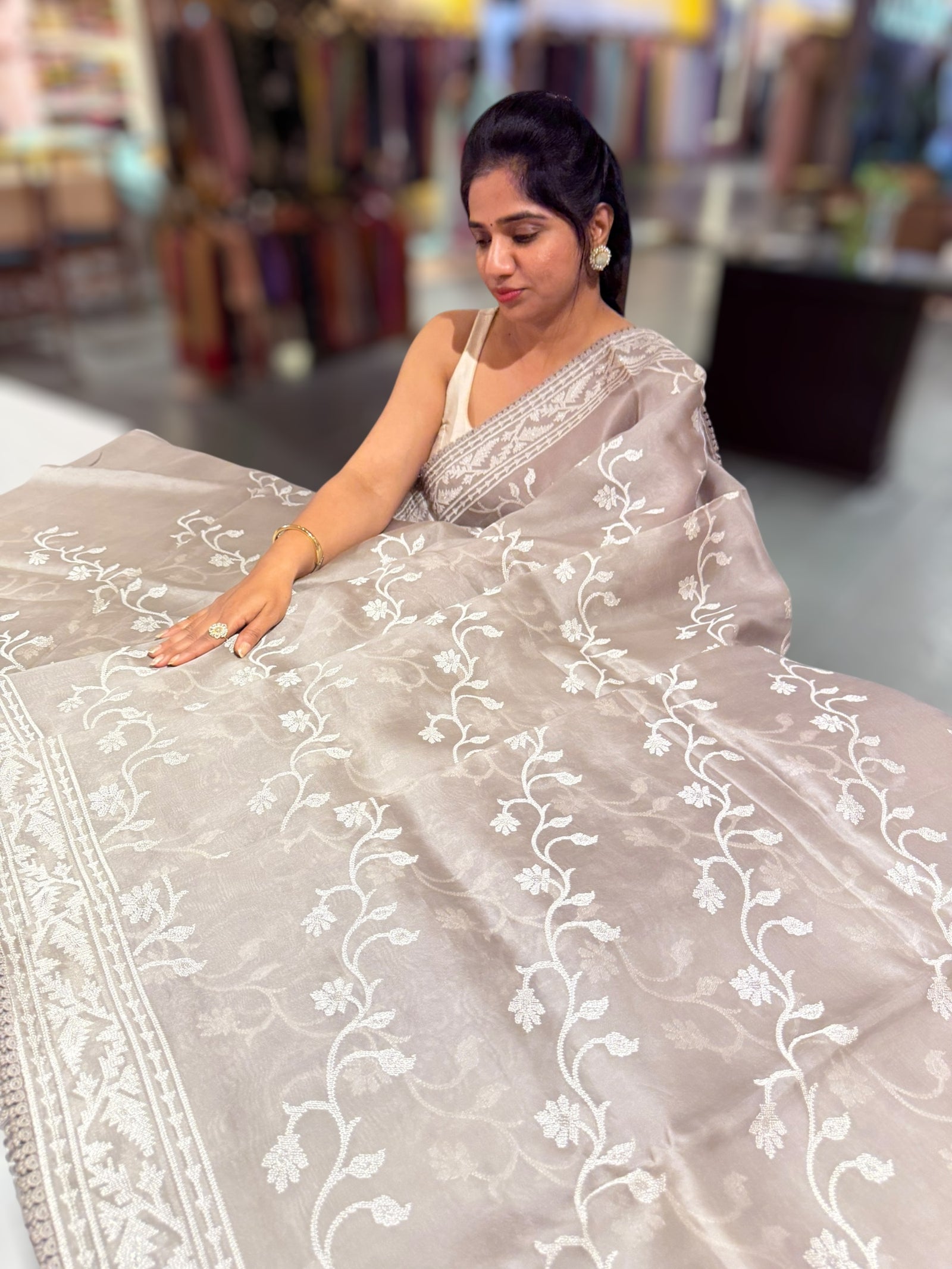 English Grey Pure Organza with jamdani inspired embroidery