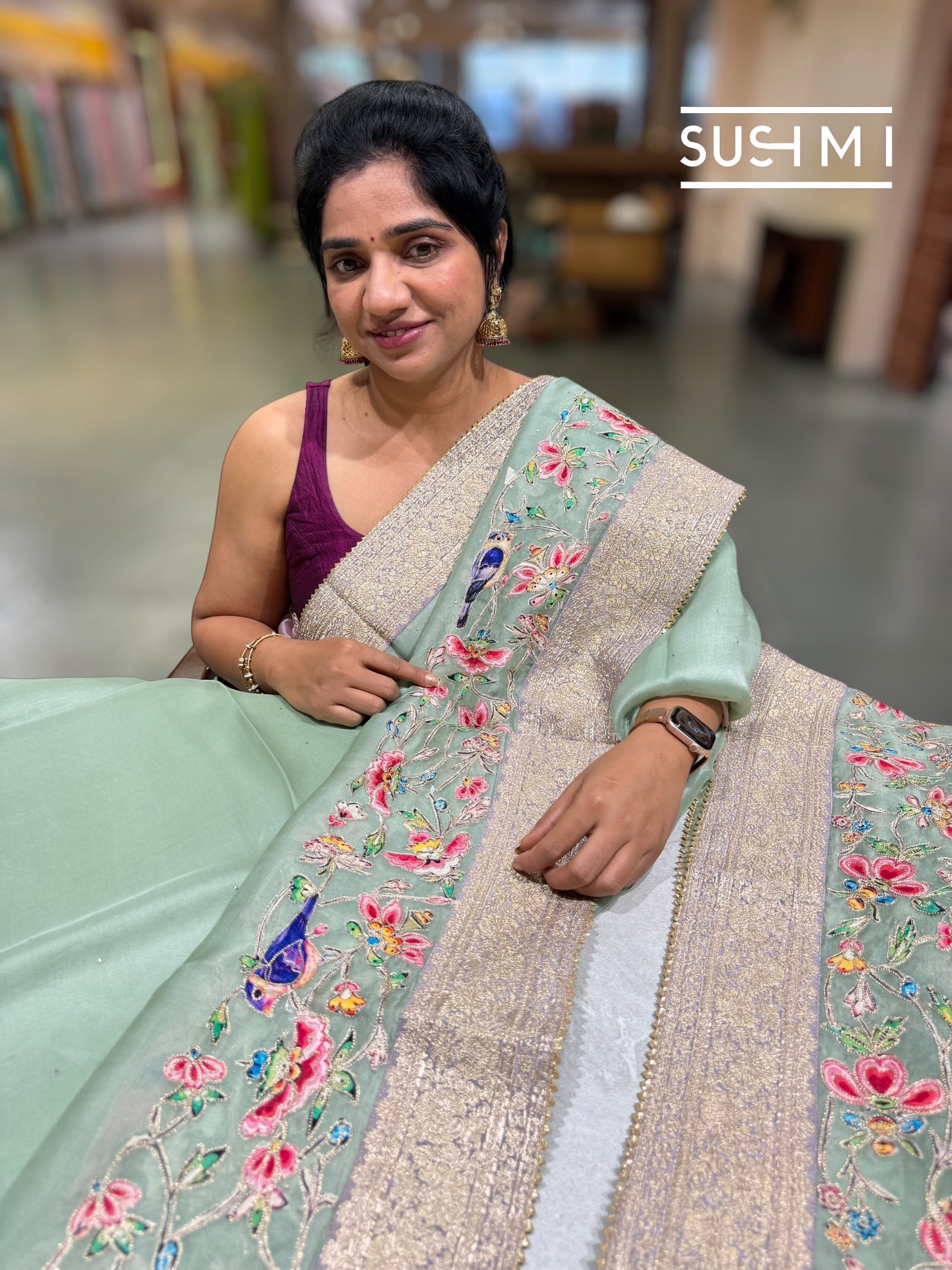 Mint Organza Banarasi Fusion Saree with Bird Appliqué : SM021