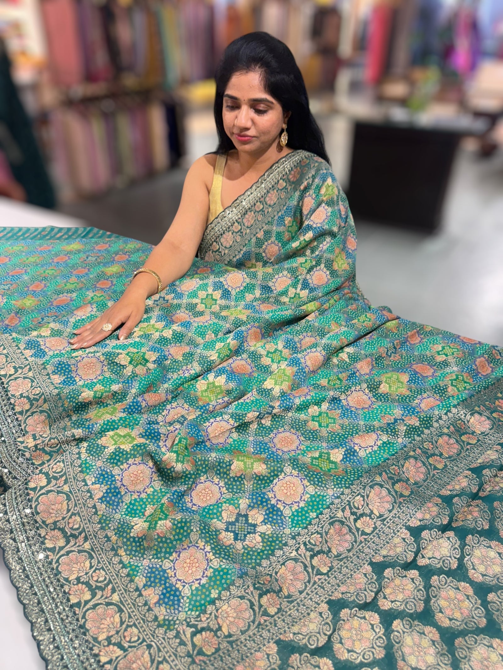 Emerald Green & Blue Banarasi bandhini georgette