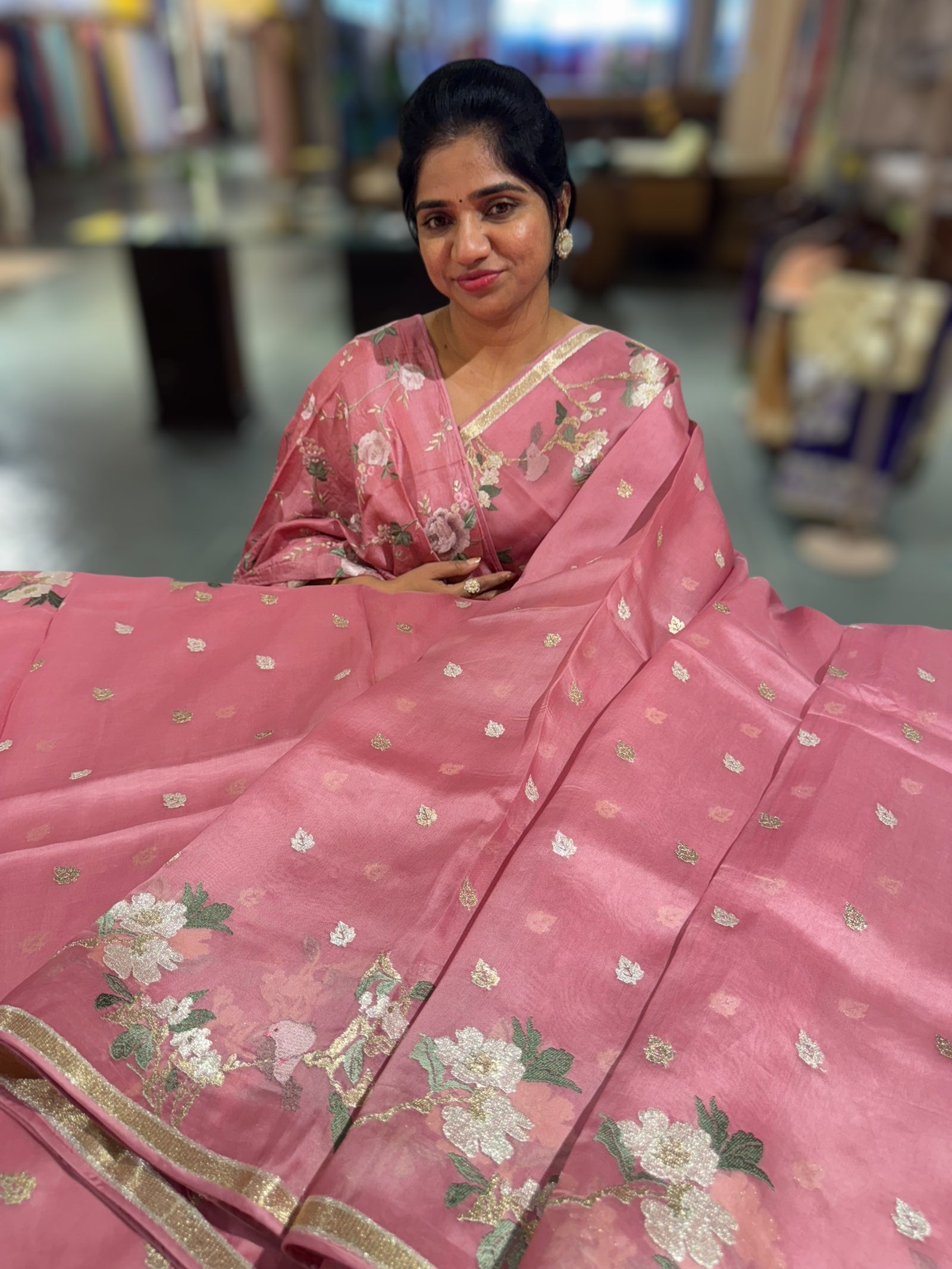 Onion Pink Pure Organza with jamdani inspired embroidery