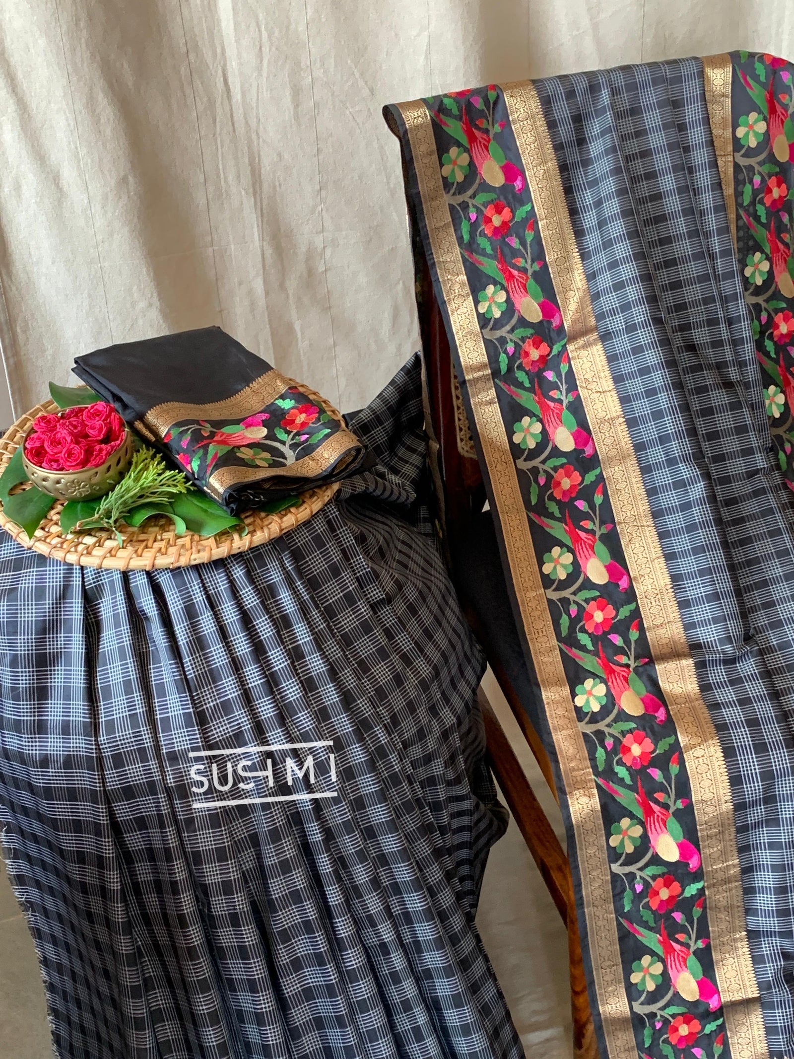 Black Vintage checks Kanjeevaram soft silk saree with embroidery D62F042