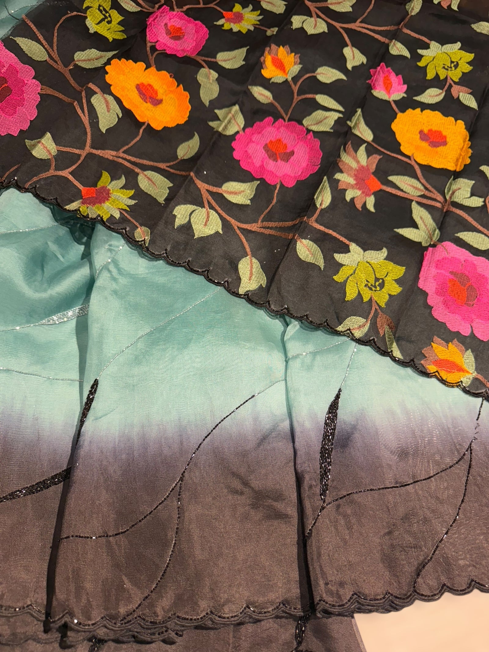 Teal & Black Ombre Dyed Pure Organza handwork saree